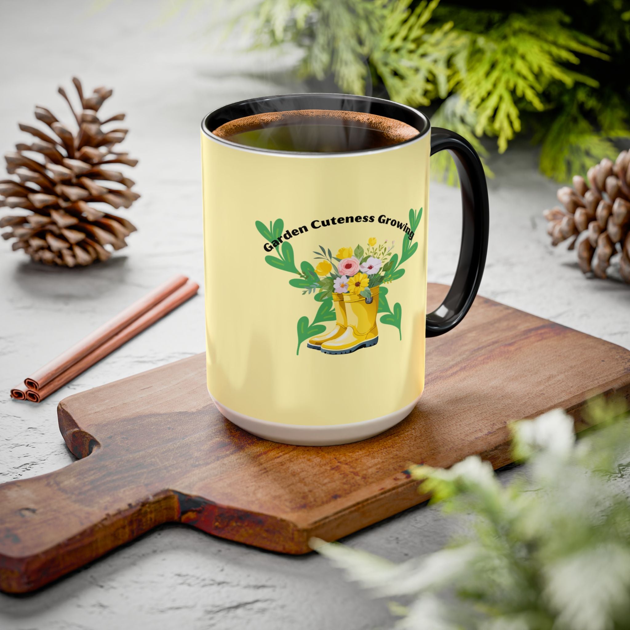 Yellow Rain Boot Floral Mug — “Garden Cuteness Growing” Coffee Cup (11oz/15oz)