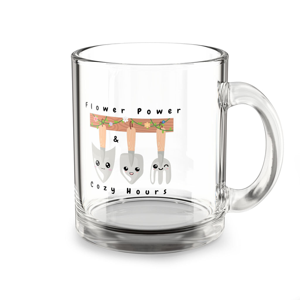 10oz Glass Mug — Cute Gardening Utensils “Flower Power” Coffee Mug