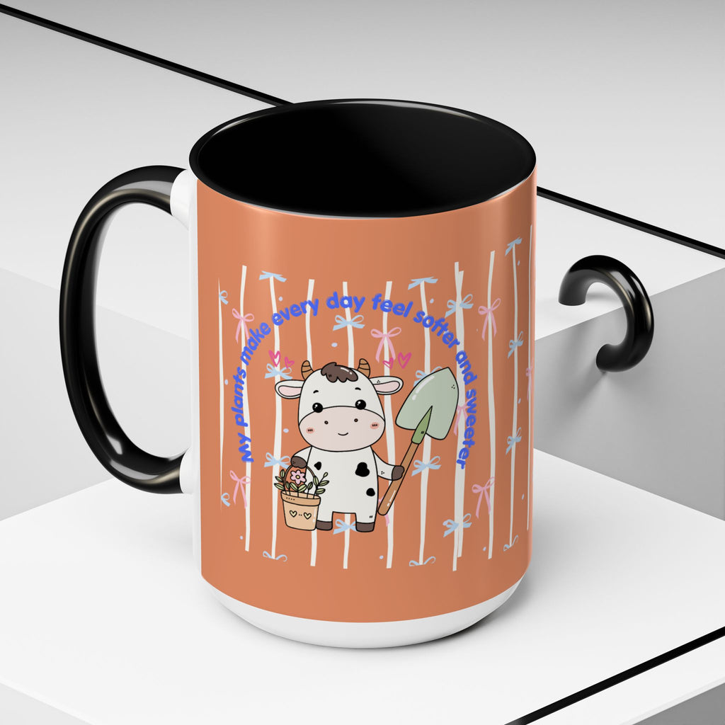 Cow Gardener Coffee Mug — Cute Cow with Shovel & Plant Pot Accent Mug (11/15oz)