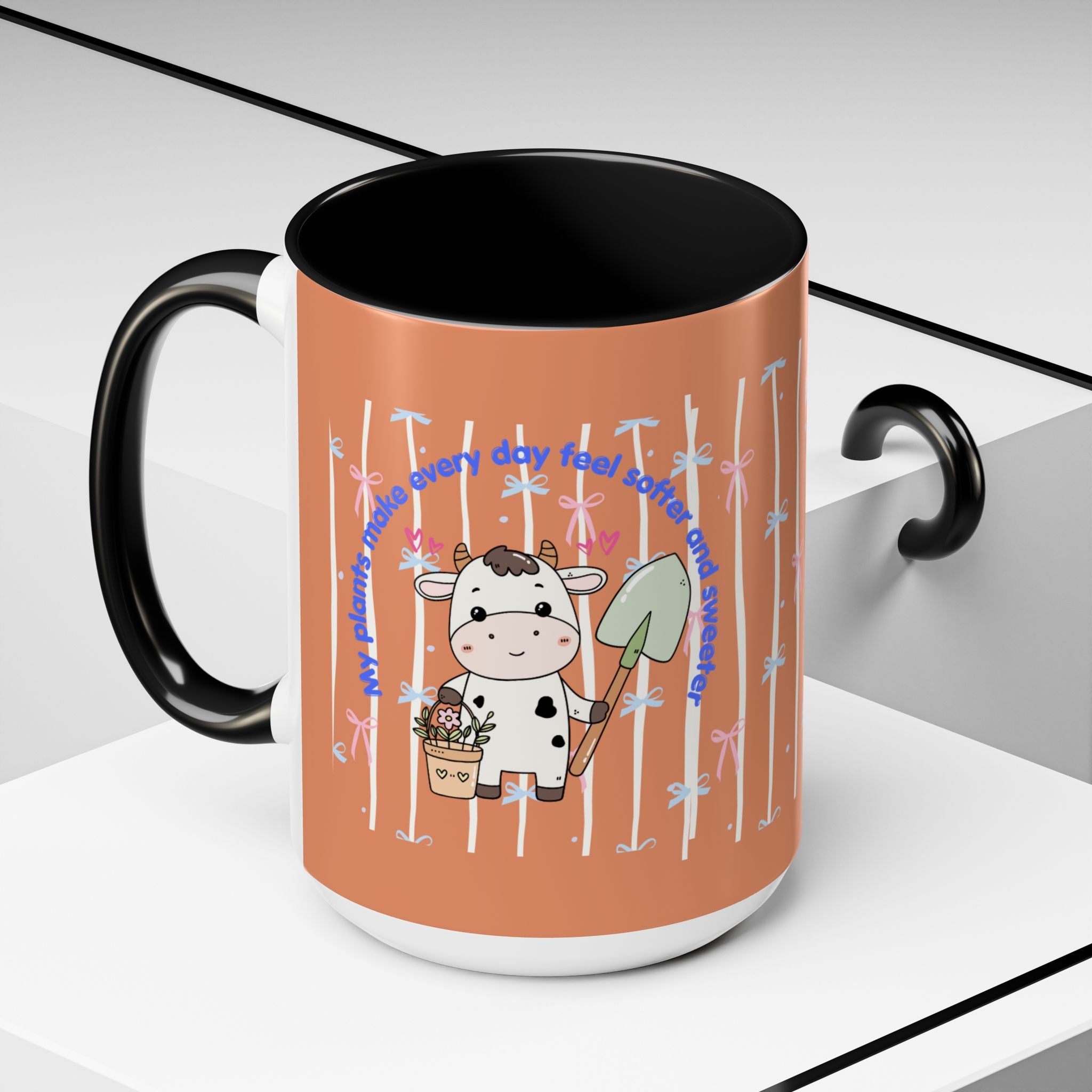Cow Gardener Coffee Mug — Cute Cow with Shovel & Plant Pot Accent Mug (11/15oz)