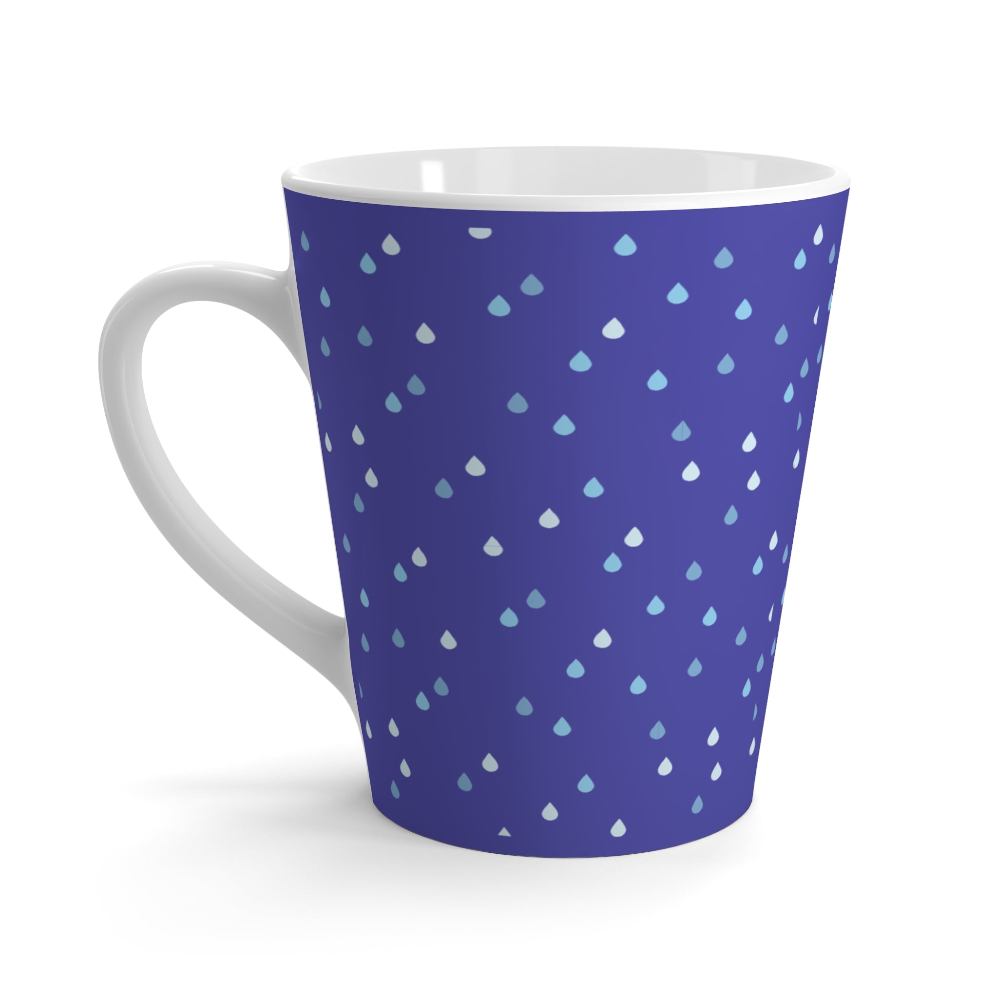 Latte Mug — Cute Kawaii Bird 'My Happy Place' Coffee Cup (Blue Raindrop Pattern)