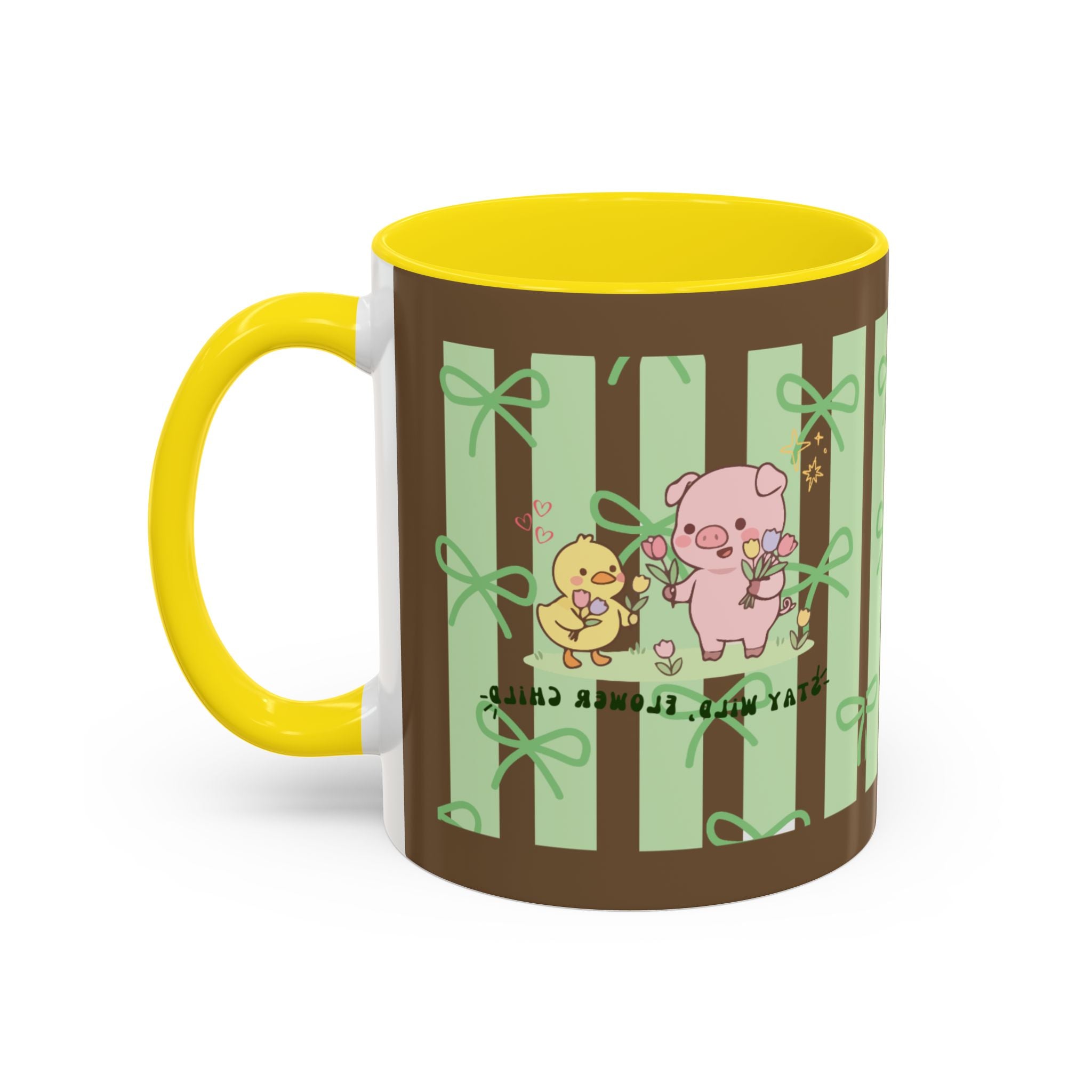 Cute Pig & Chick Accent Coffee Mug — Pastel Stripes, Charming Kawaii Tea/Coffee Cup