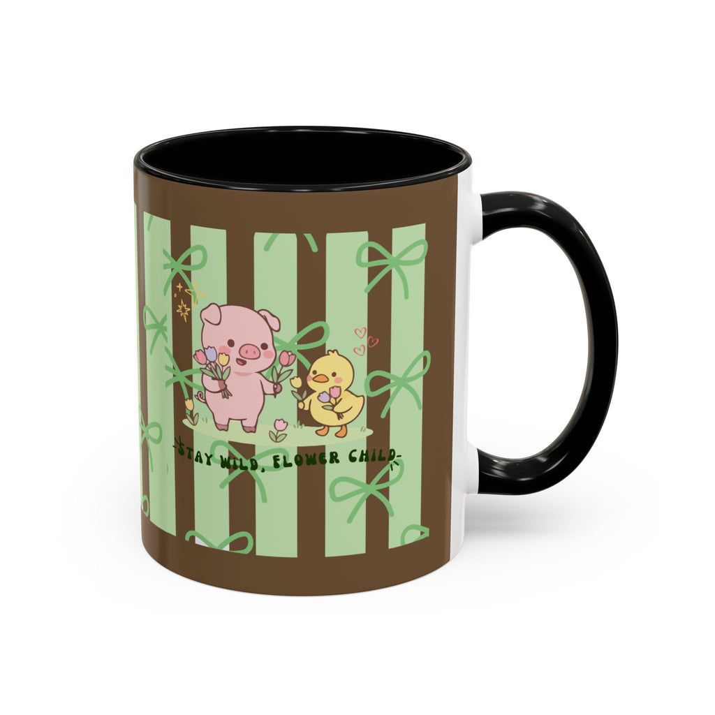 Cute Pig & Chick Accent Coffee Mug — Pastel Stripes, Charming Kawaii Tea/Coffee Cup