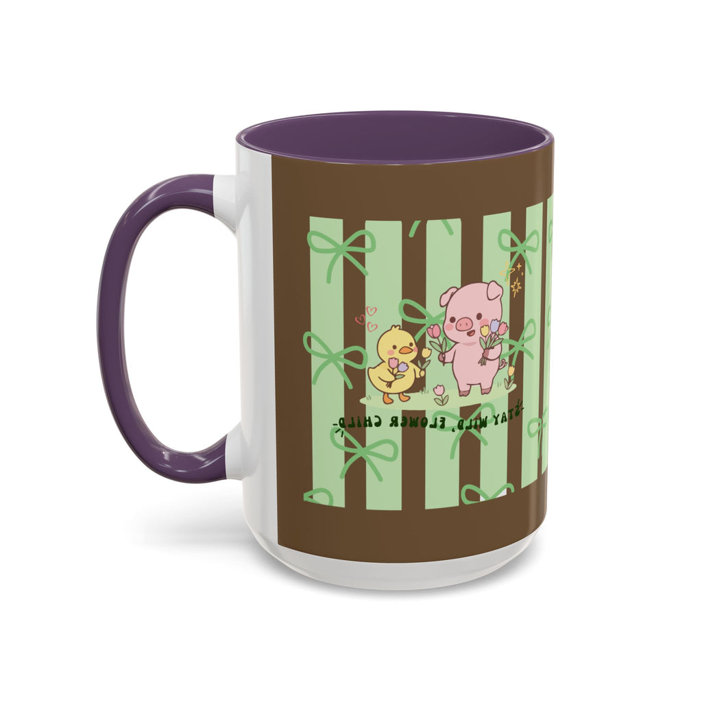 Cute Pig & Chick Accent Coffee Mug — Pastel Stripes, Charming Kawaii Tea/Coffee Cup
