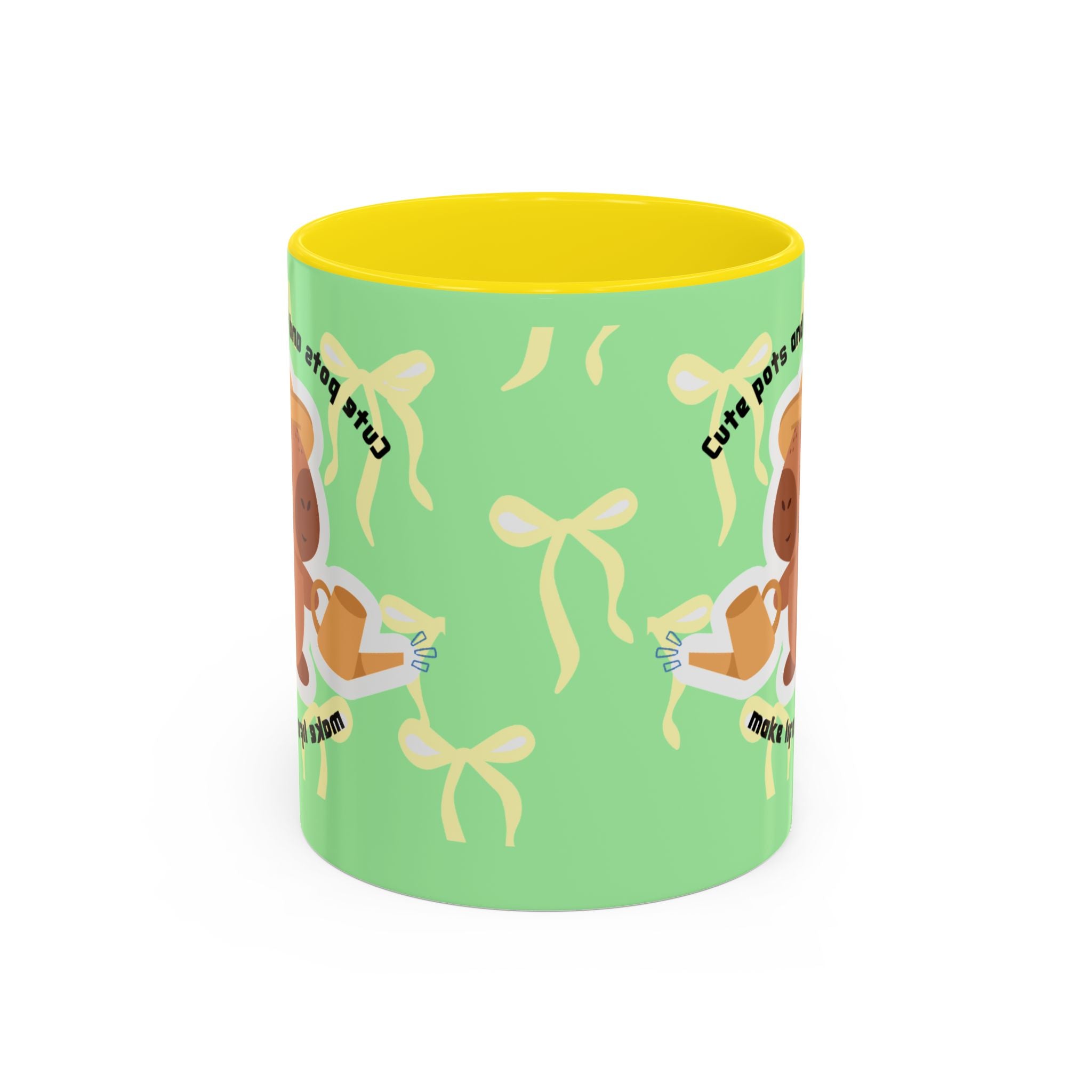Accent Coffee Mug - Cute Bear Watering Plants ‘Cute Pots and Happy Plants Make Life Extra Lovely’