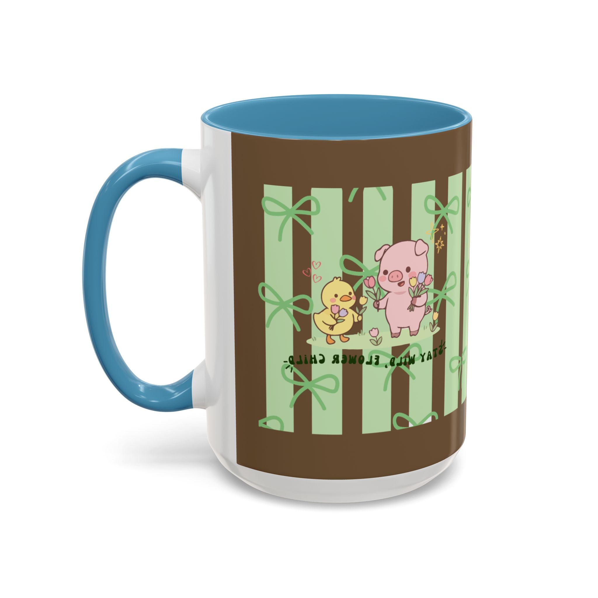 Cute Pig & Chick Accent Coffee Mug — Pastel Stripes, Charming Kawaii Tea/Coffee Cup