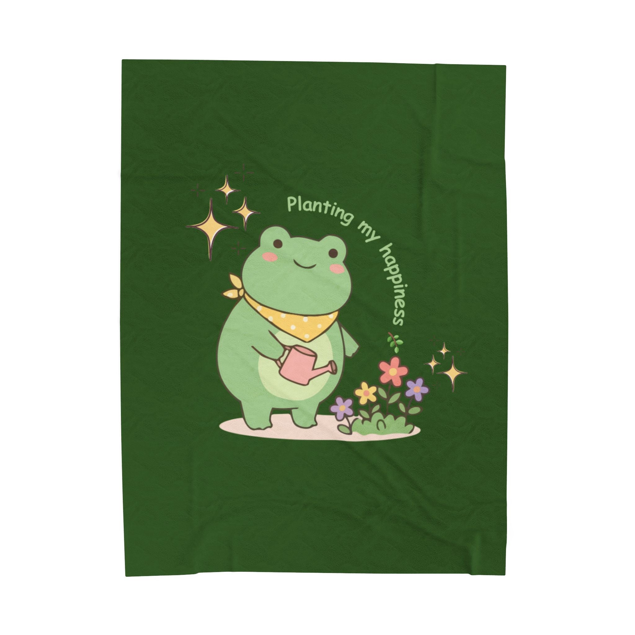 Cute Frog 'Planting My Happiness' Velveteen Plush Blanket