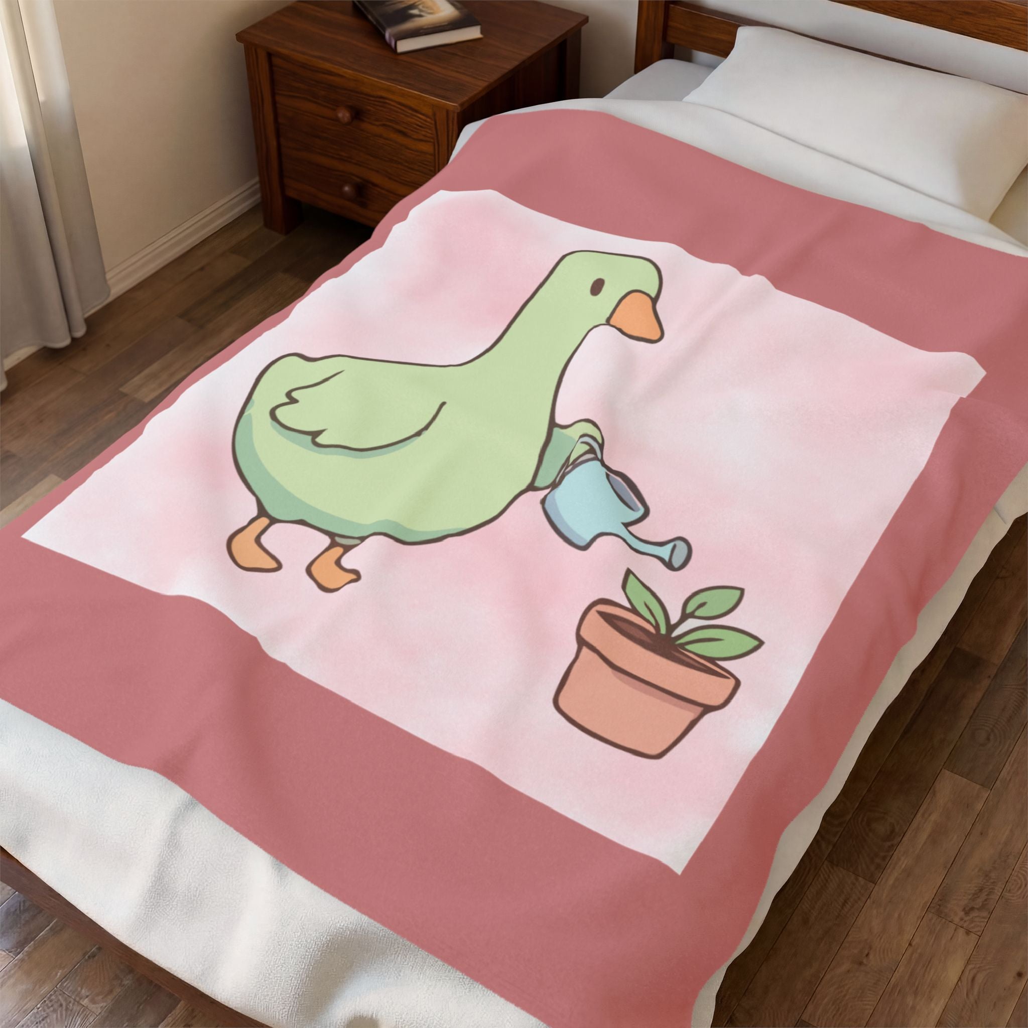 Duck Watering Plant Velveteen Plush Blanket — Cute Garden Duck Cozy Throw