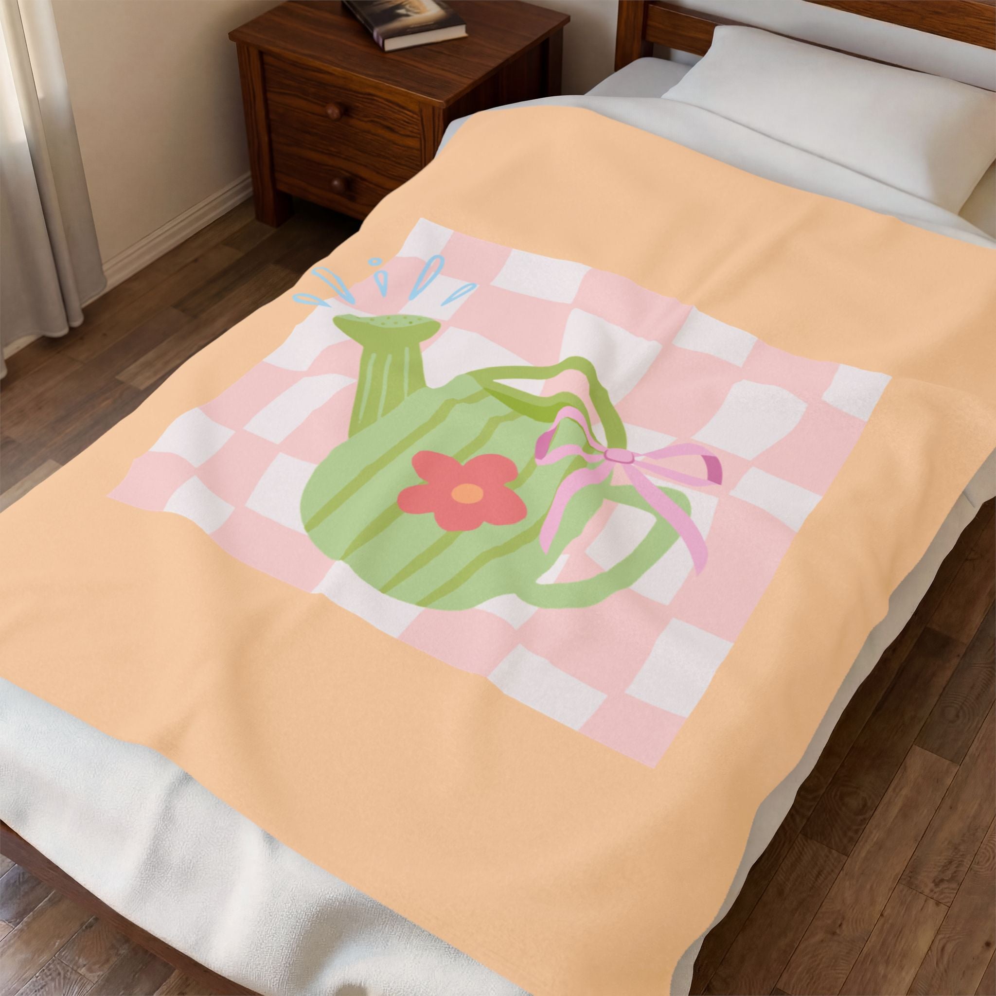 Watering Can Velveteen Plush Blanket — Soft Pastel Garden Throw