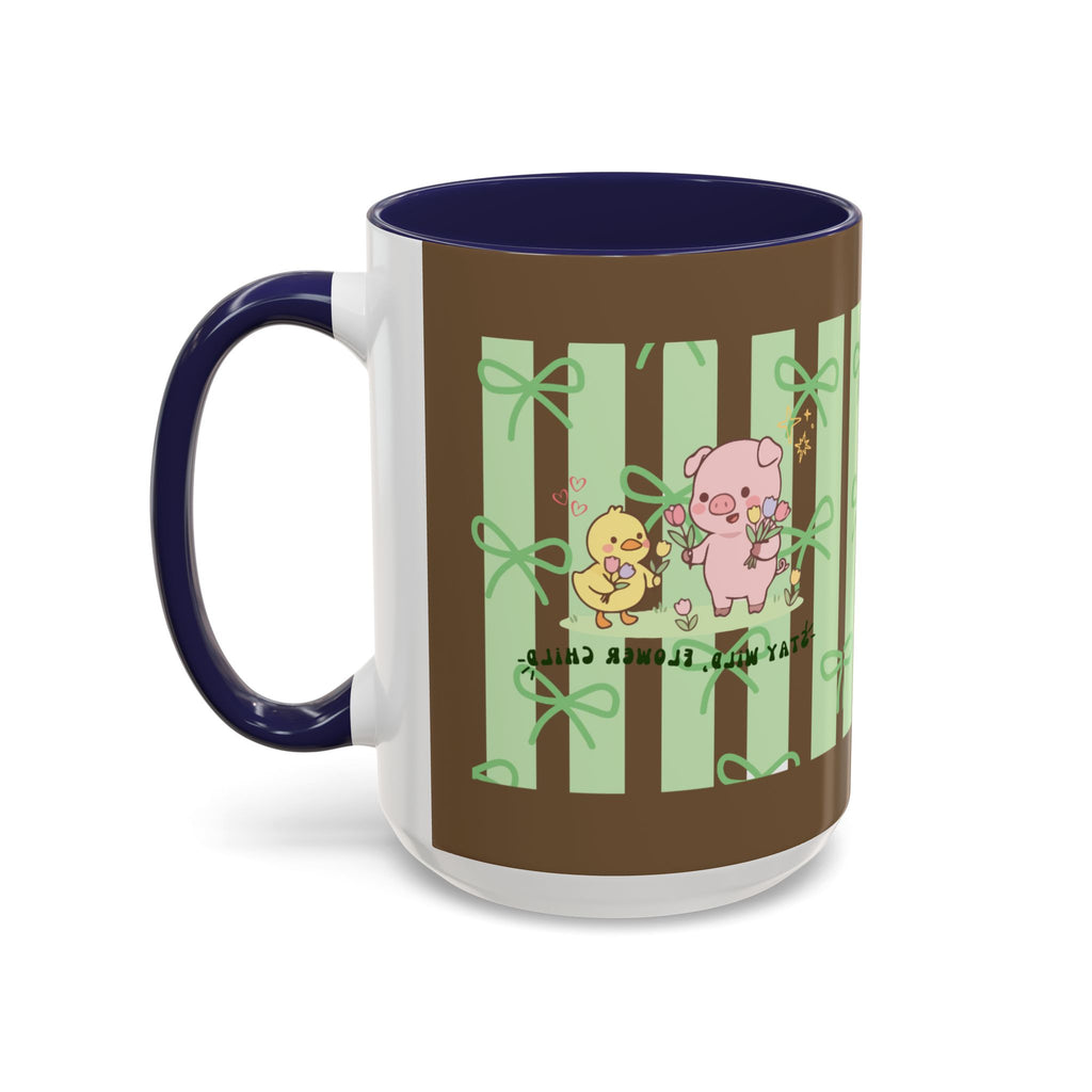 Cute Pig & Chick Accent Coffee Mug — Pastel Stripes, Charming Kawaii Tea/Coffee Cup