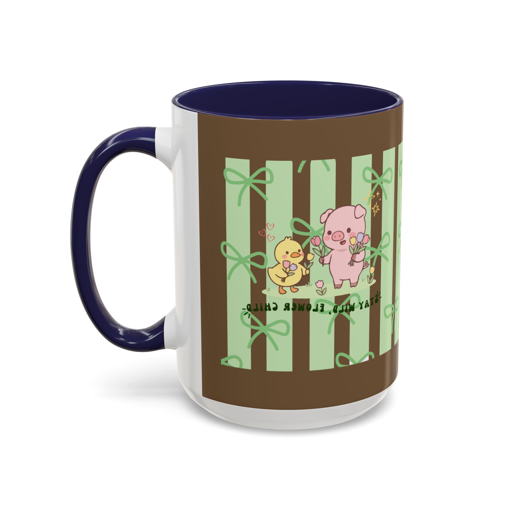 Cute Pig & Chick Accent Coffee Mug — Pastel Stripes, Charming Kawaii Tea/Coffee Cup