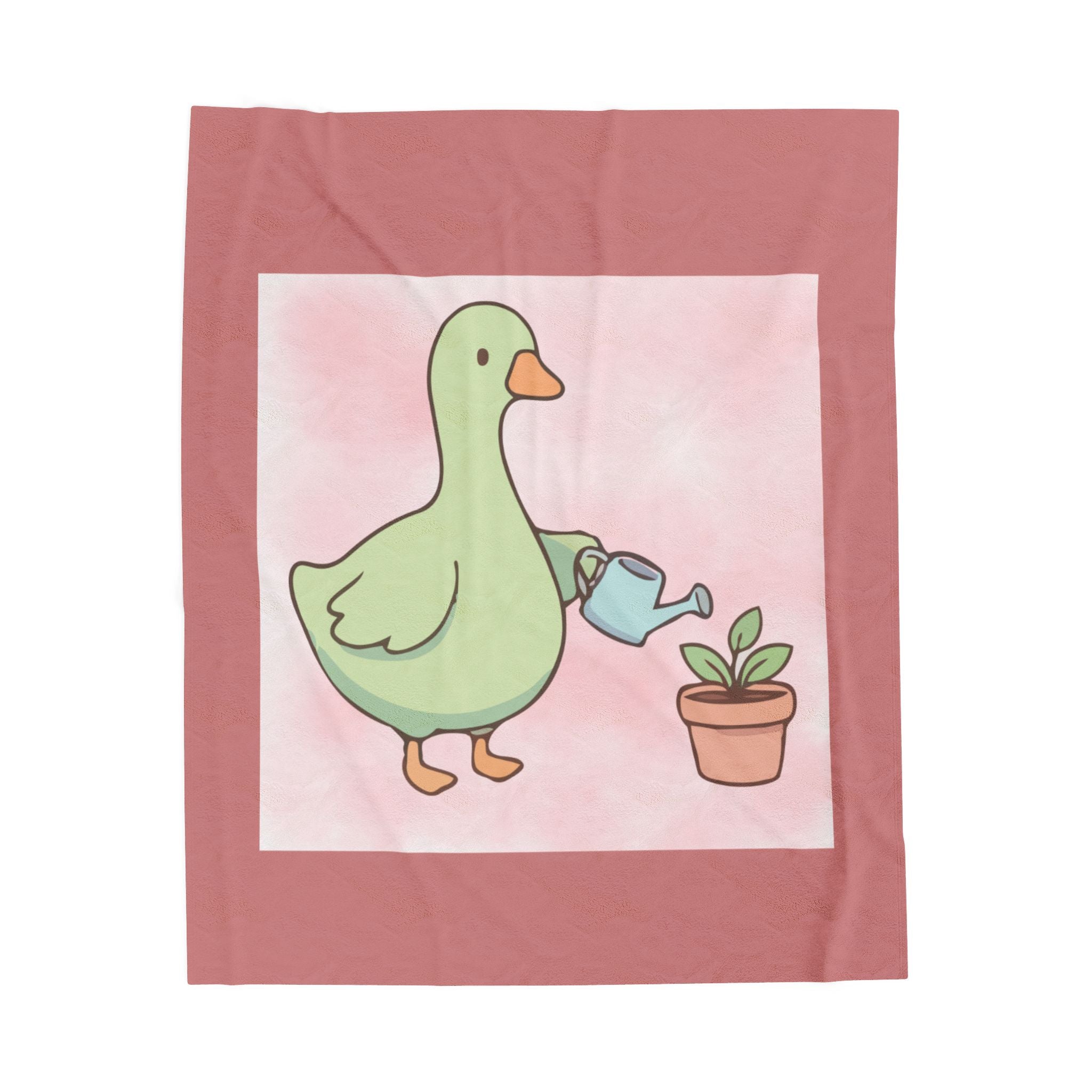 Duck Watering Plant Velveteen Plush Blanket — Cute Garden Duck Cozy Throw