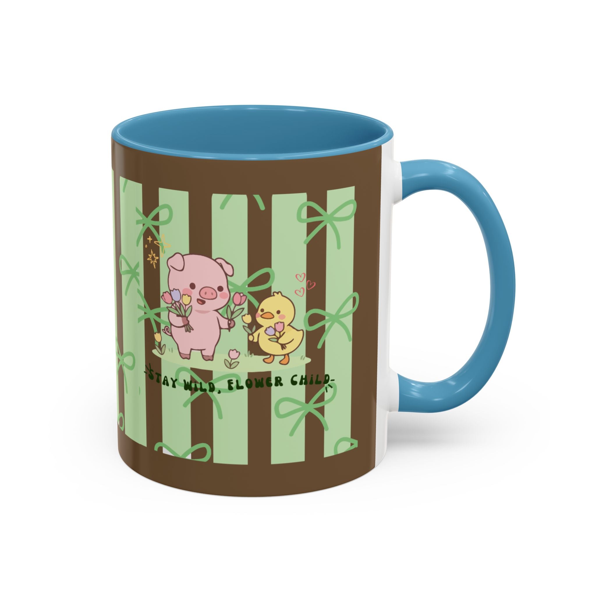 Cute Pig & Chick Accent Coffee Mug — Pastel Stripes, Charming Kawaii Tea/Coffee Cup