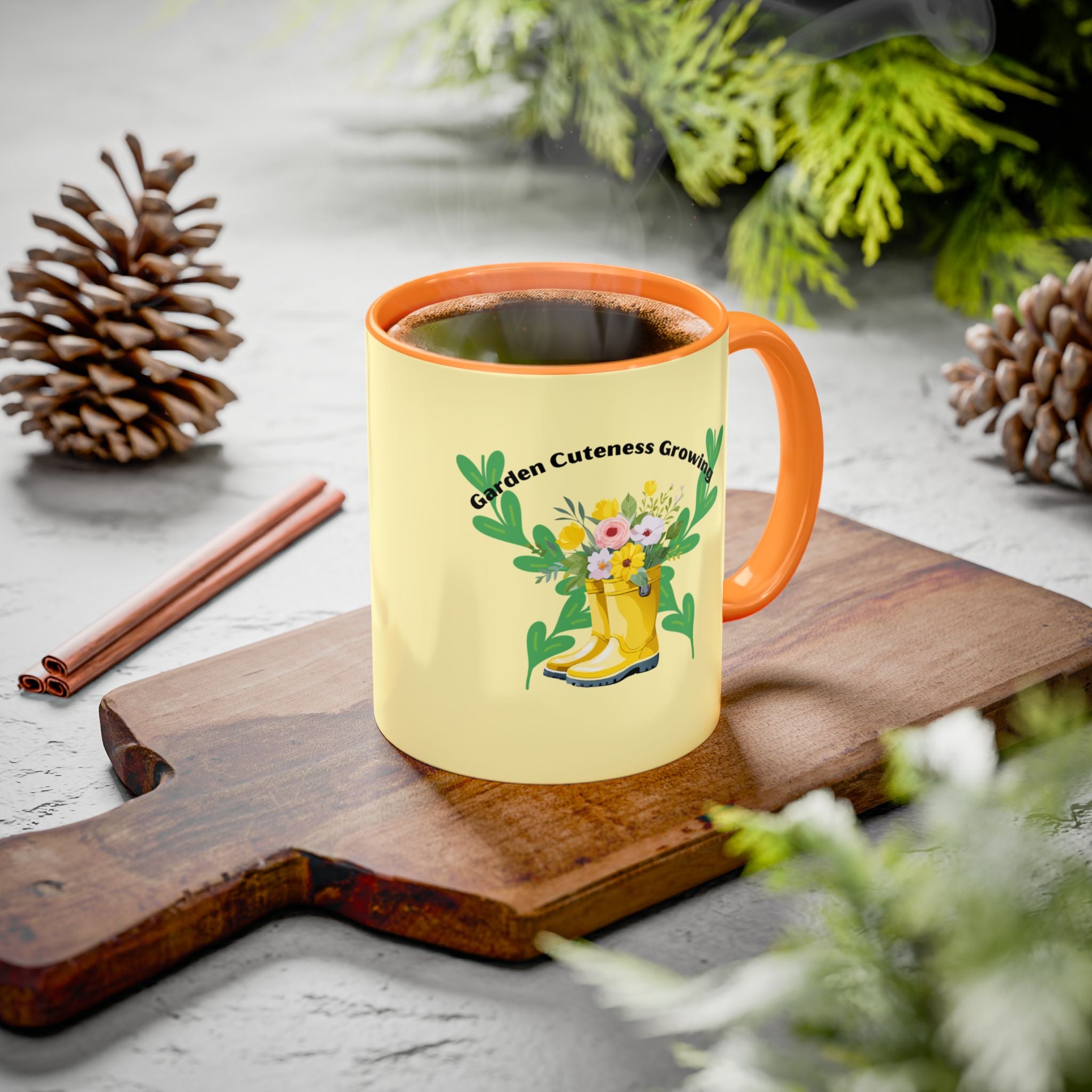 Yellow Rain Boot Floral Mug — “Garden Cuteness Growing” Coffee Cup (11oz/15oz)