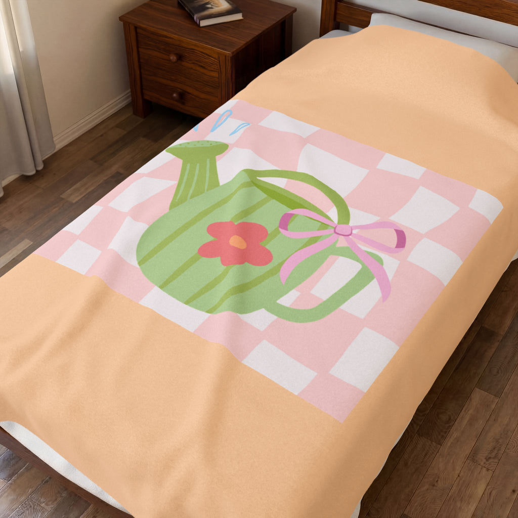 Watering Can Velveteen Plush Blanket — Soft Pastel Garden Throw