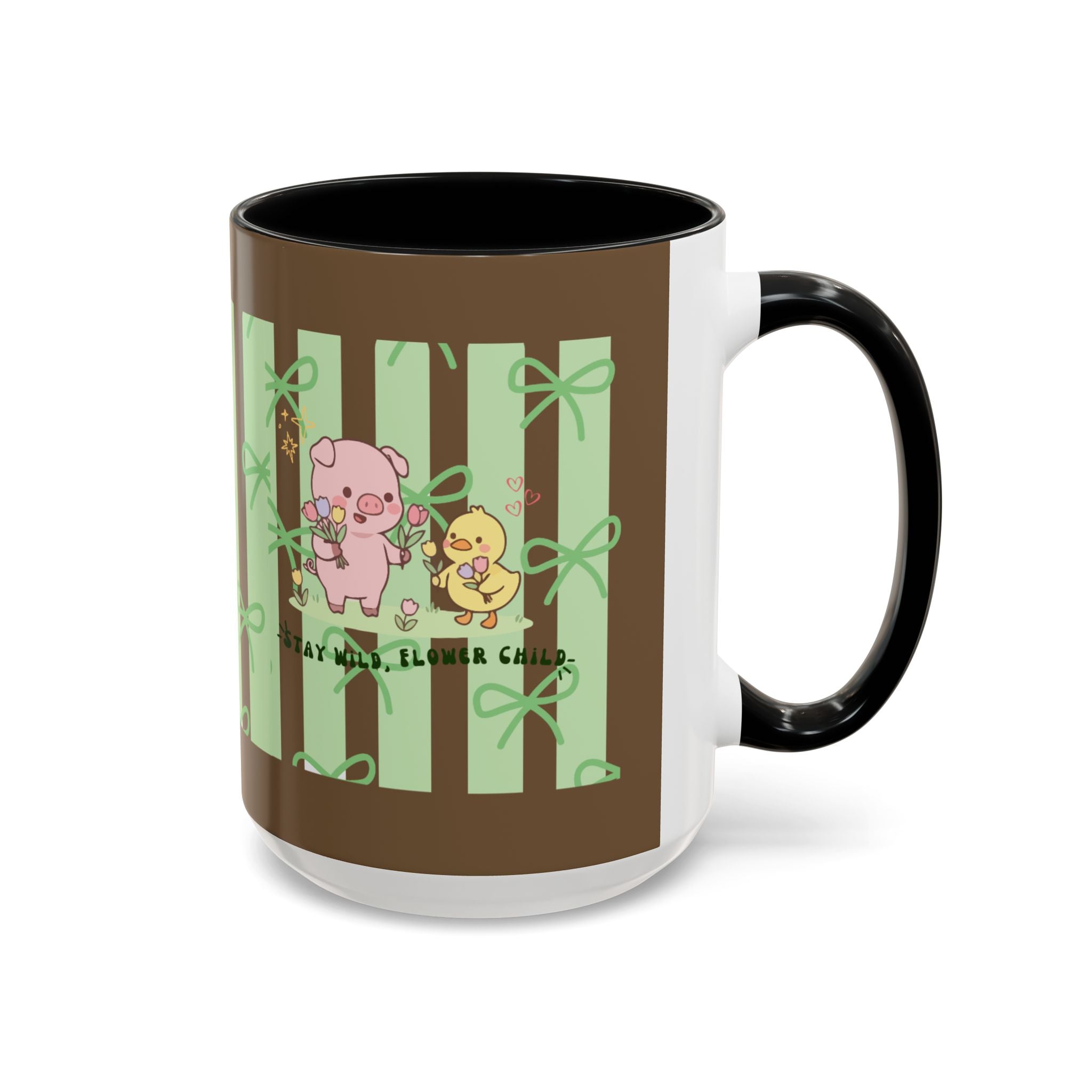 Cute Pig & Chick Accent Coffee Mug — Pastel Stripes, Charming Kawaii Tea/Coffee Cup