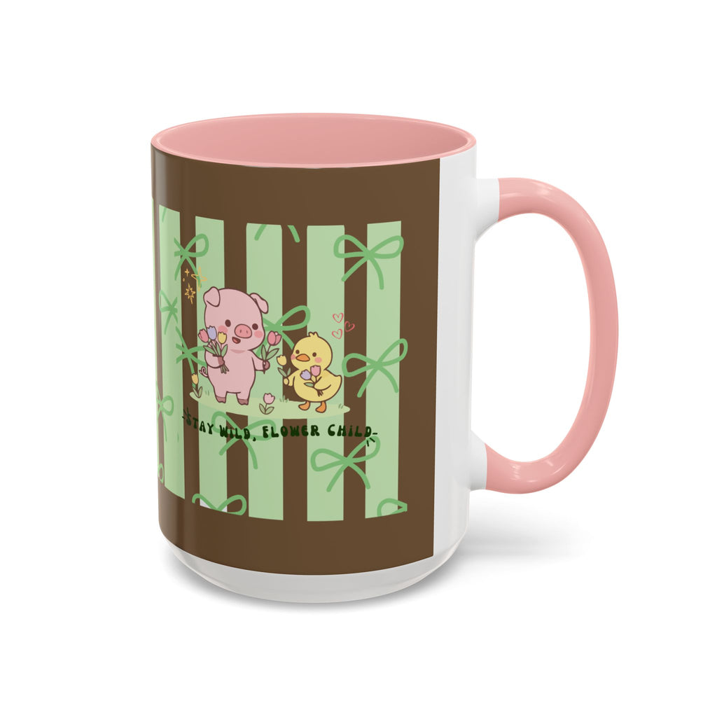 Cute Pig & Chick Accent Coffee Mug — Pastel Stripes, Charming Kawaii Tea/Coffee Cup