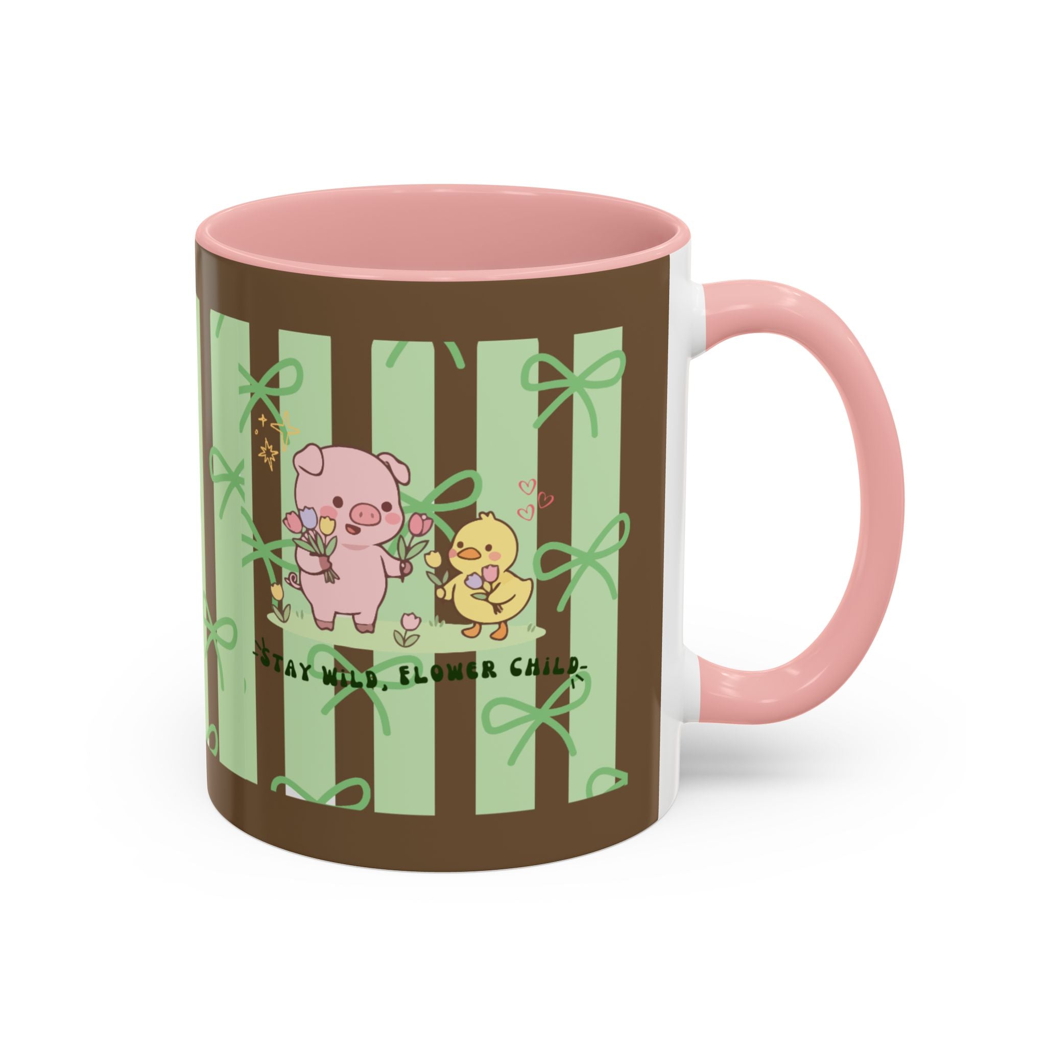 Cute Pig & Chick Accent Coffee Mug — Pastel Stripes, Charming Kawaii Tea/Coffee Cup