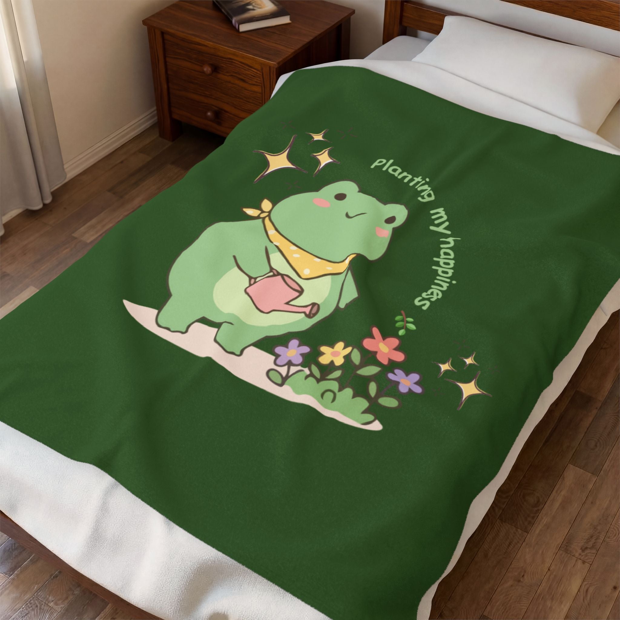 Cute Frog 'Planting My Happiness' Velveteen Plush Blanket
