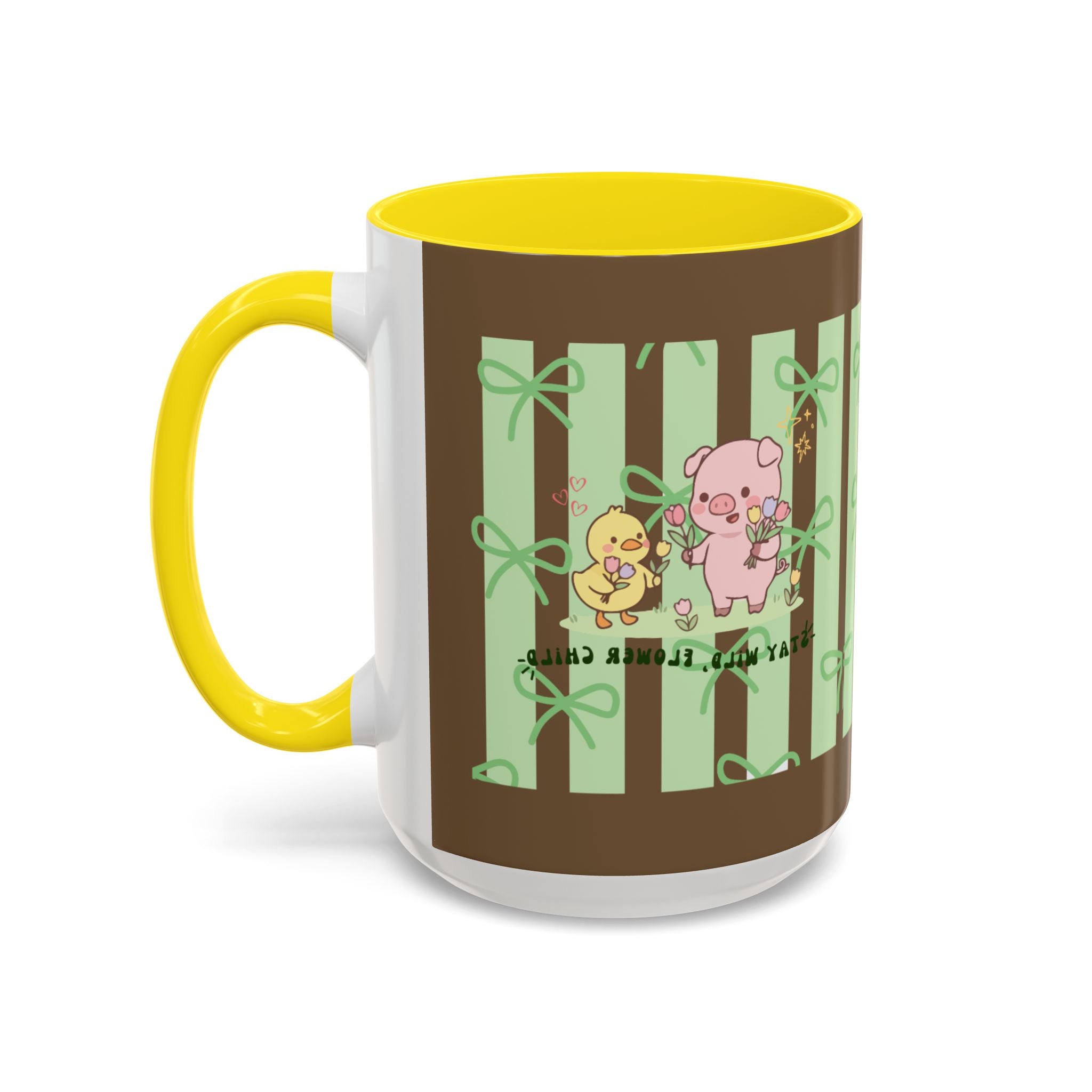 Cute Pig & Chick Accent Coffee Mug — Pastel Stripes, Charming Kawaii Tea/Coffee Cup