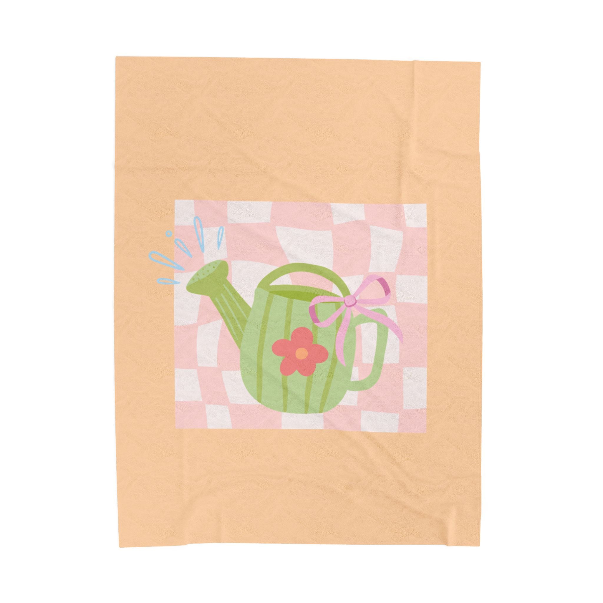 Watering Can Velveteen Plush Blanket — Soft Pastel Garden Throw