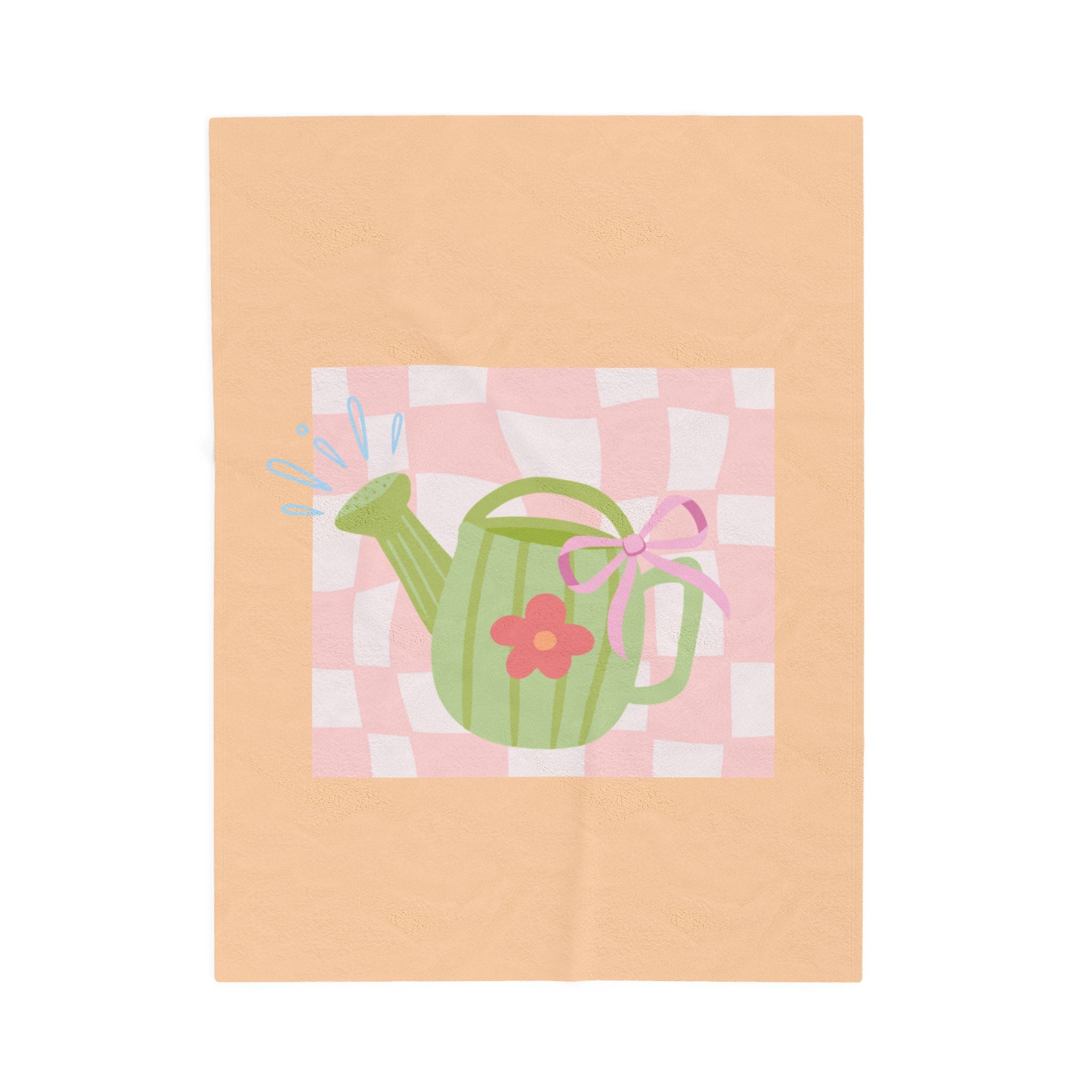 Watering Can Velveteen Plush Blanket — Soft Pastel Garden Throw