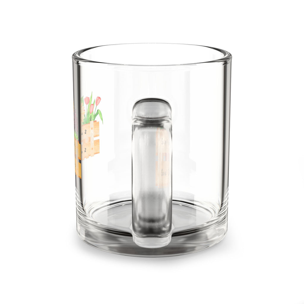 10oz Glass Mug — Rustic Floral Crate Design, Sunflower & Lavender Coffee Cup