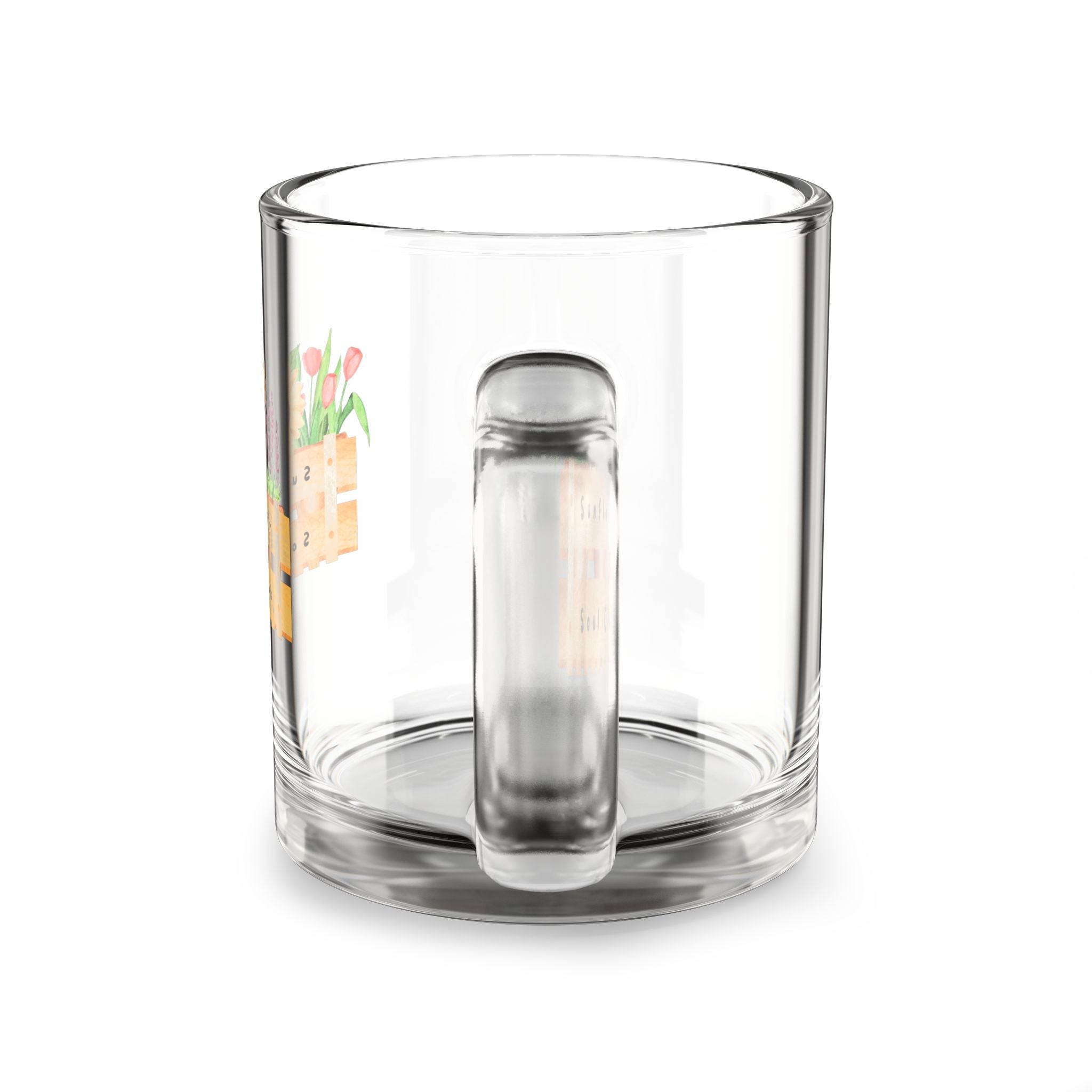 10oz Glass Mug — Rustic Floral Crate Design, Sunflower & Lavender Coffee Cup