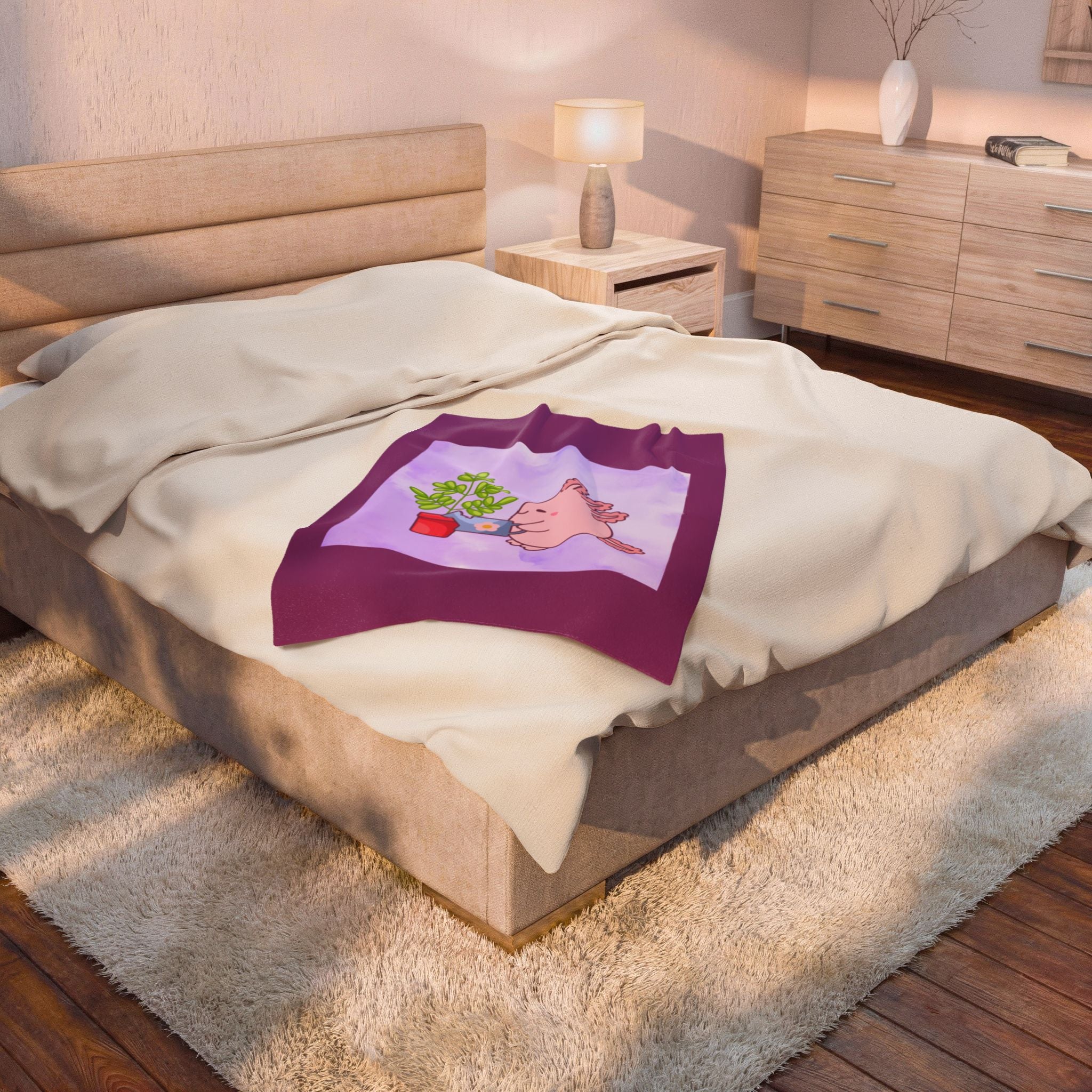 Axolotl Plant Watering Plush Blanket — Cute Pink Axolotl Gardening Throw for Kids & Animal Lovers