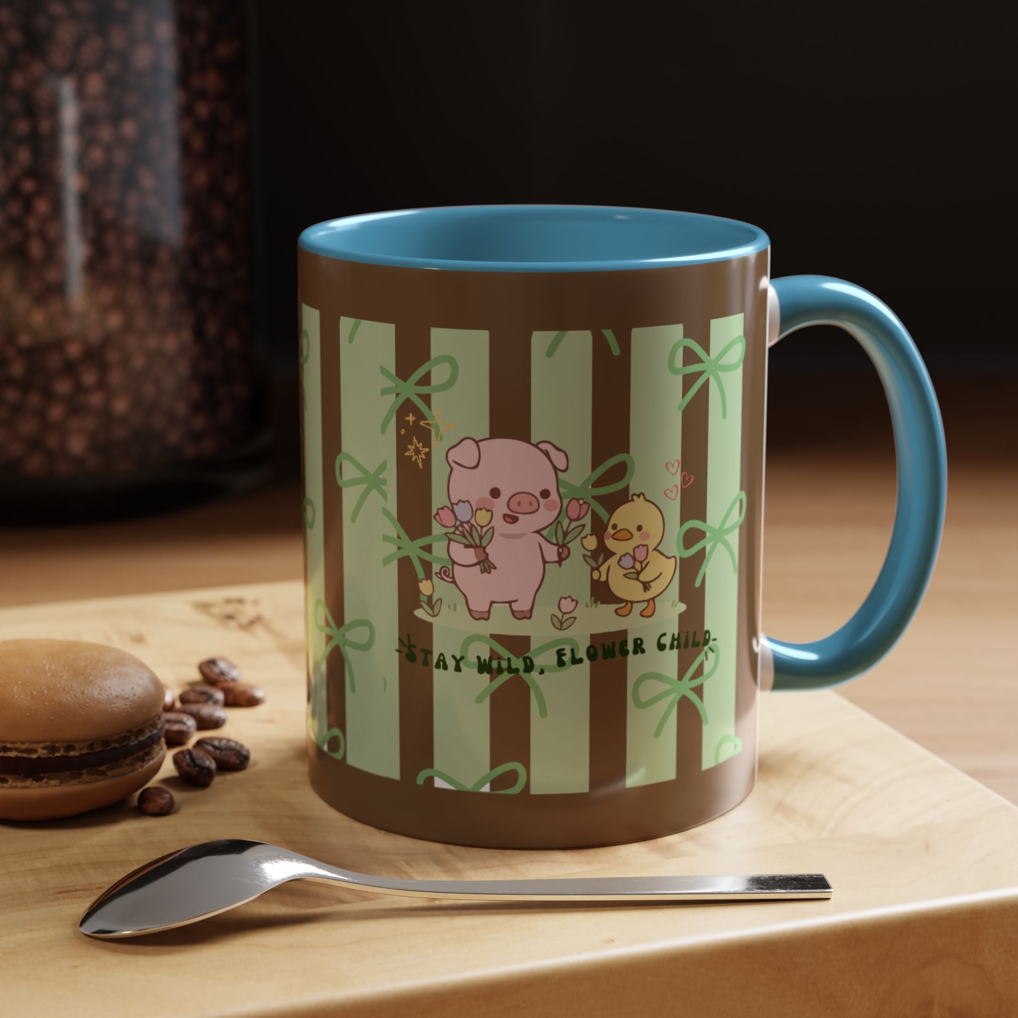 Cute Pig & Chick Accent Coffee Mug — Pastel Stripes, Charming Kawaii Tea/Coffee Cup