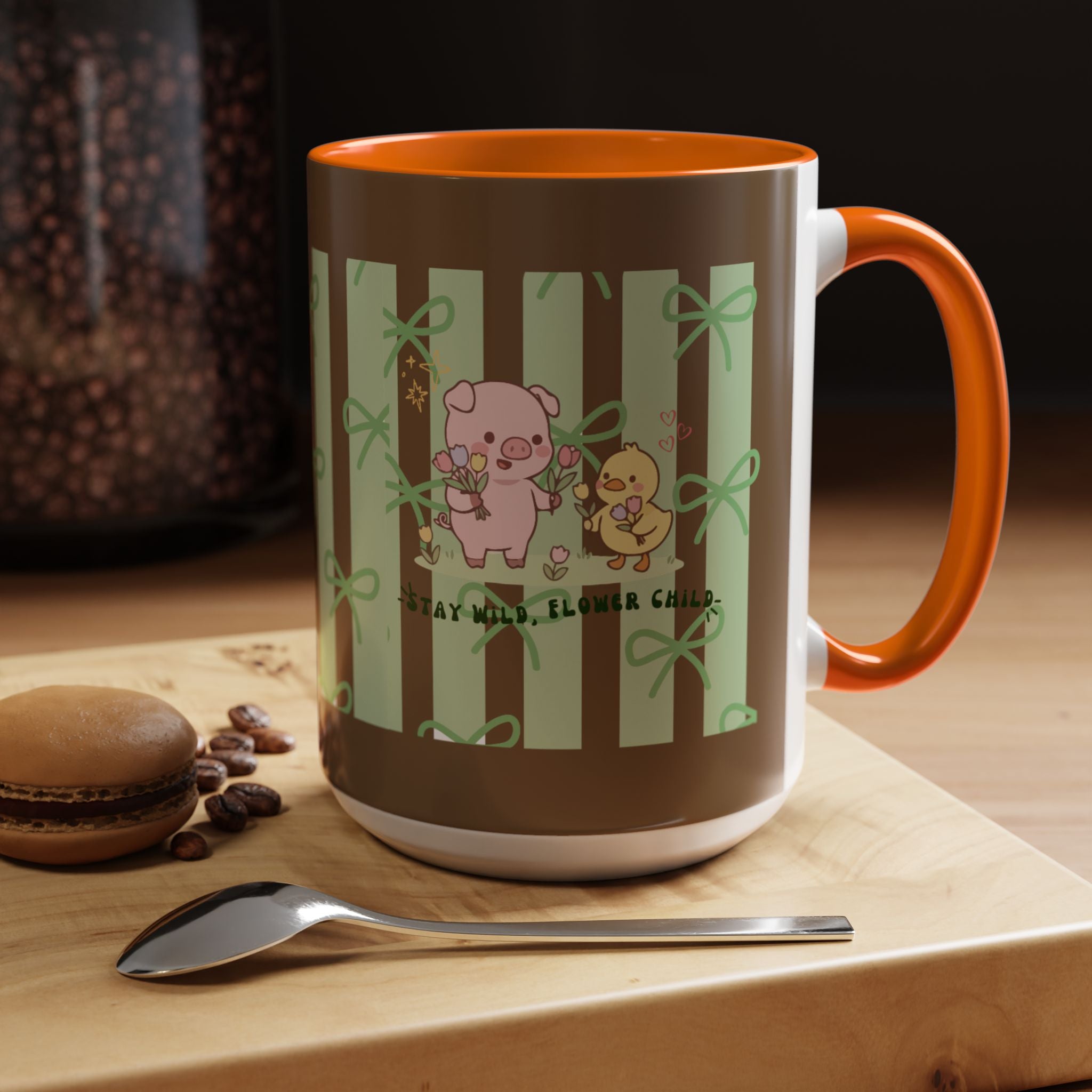 Cute Pig & Chick Accent Coffee Mug — Pastel Stripes, Charming Kawaii Tea/Coffee Cup