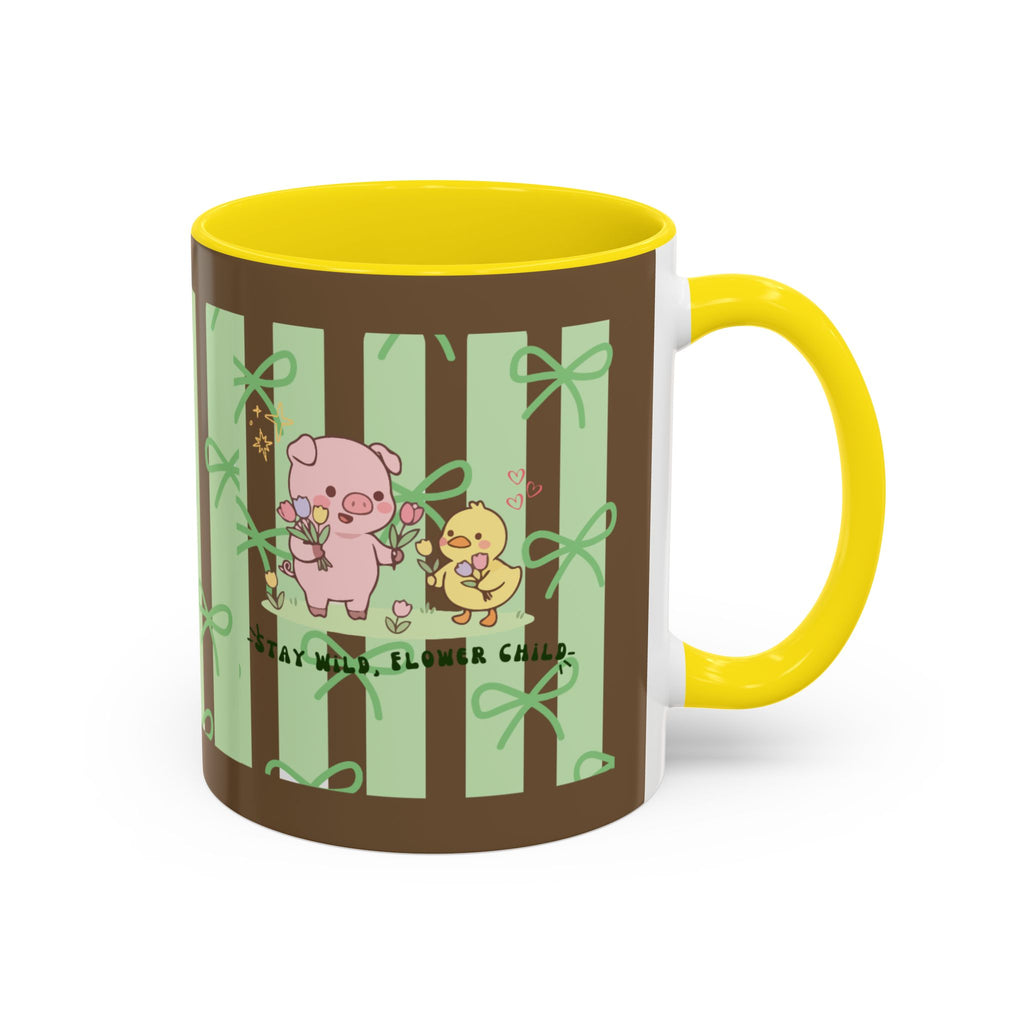 Cute Pig & Chick Accent Coffee Mug — Pastel Stripes, Charming Kawaii Tea/Coffee Cup