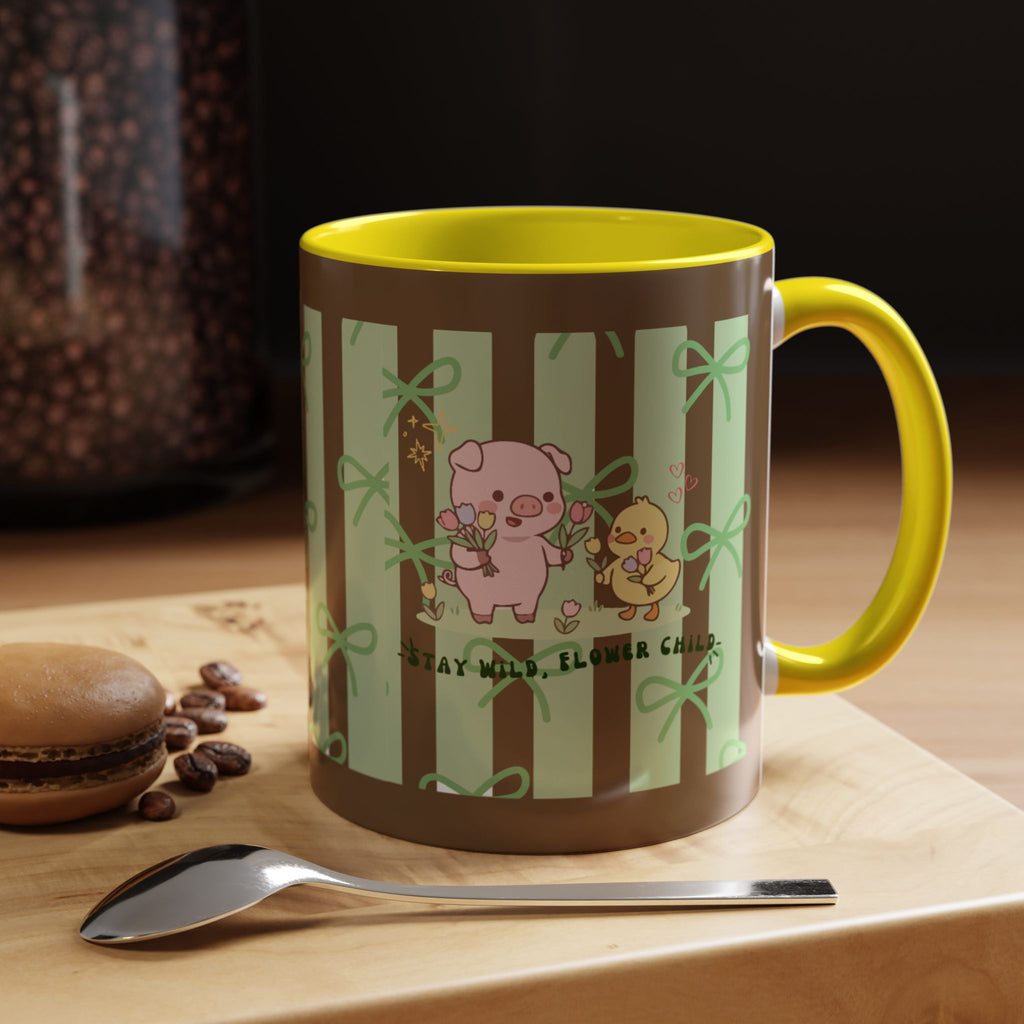 Cute Pig & Chick Accent Coffee Mug — Pastel Stripes, Charming Kawaii Tea/Coffee Cup