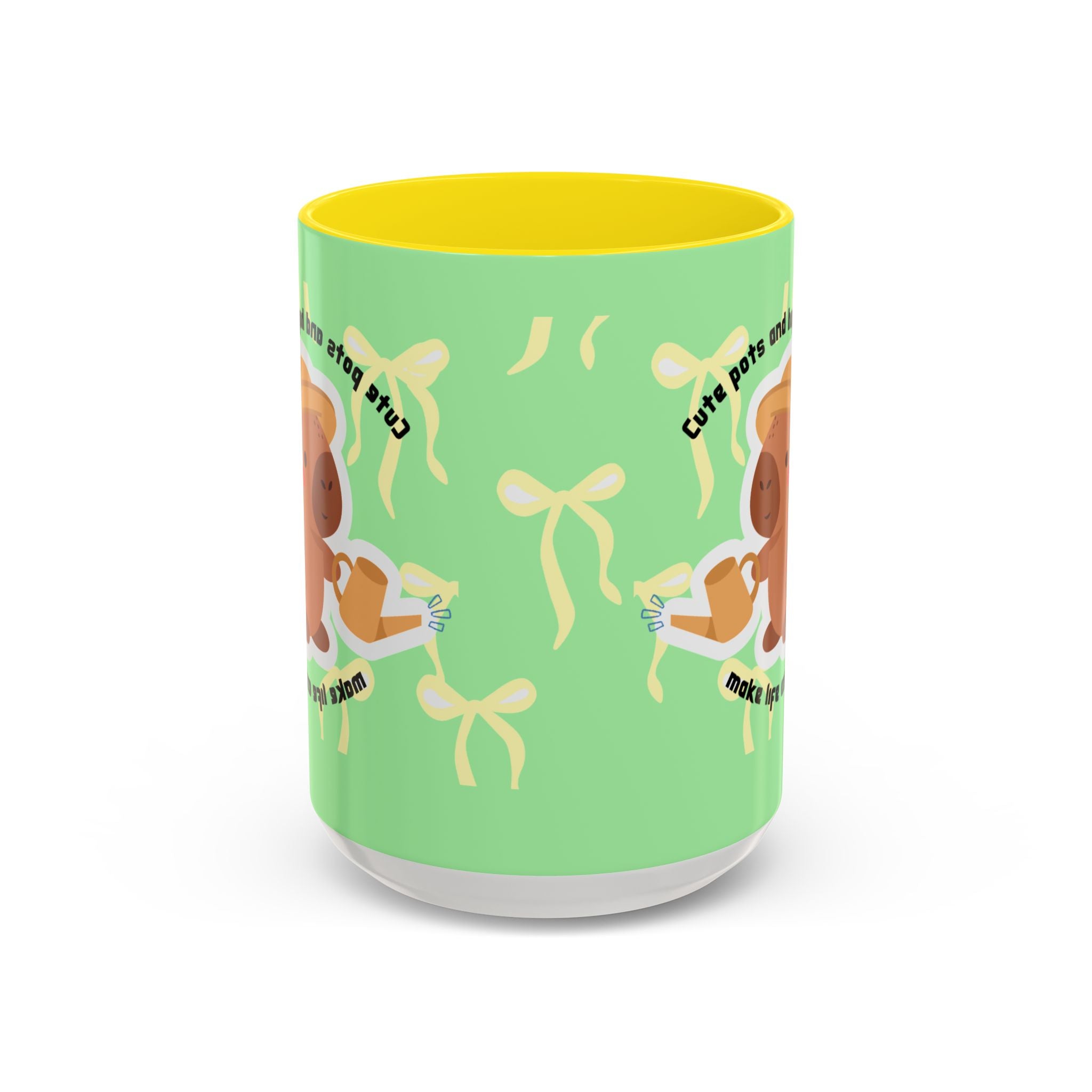 Accent Coffee Mug - Cute Bear Watering Plants ‘Cute Pots and Happy Plants Make Life Extra Lovely’