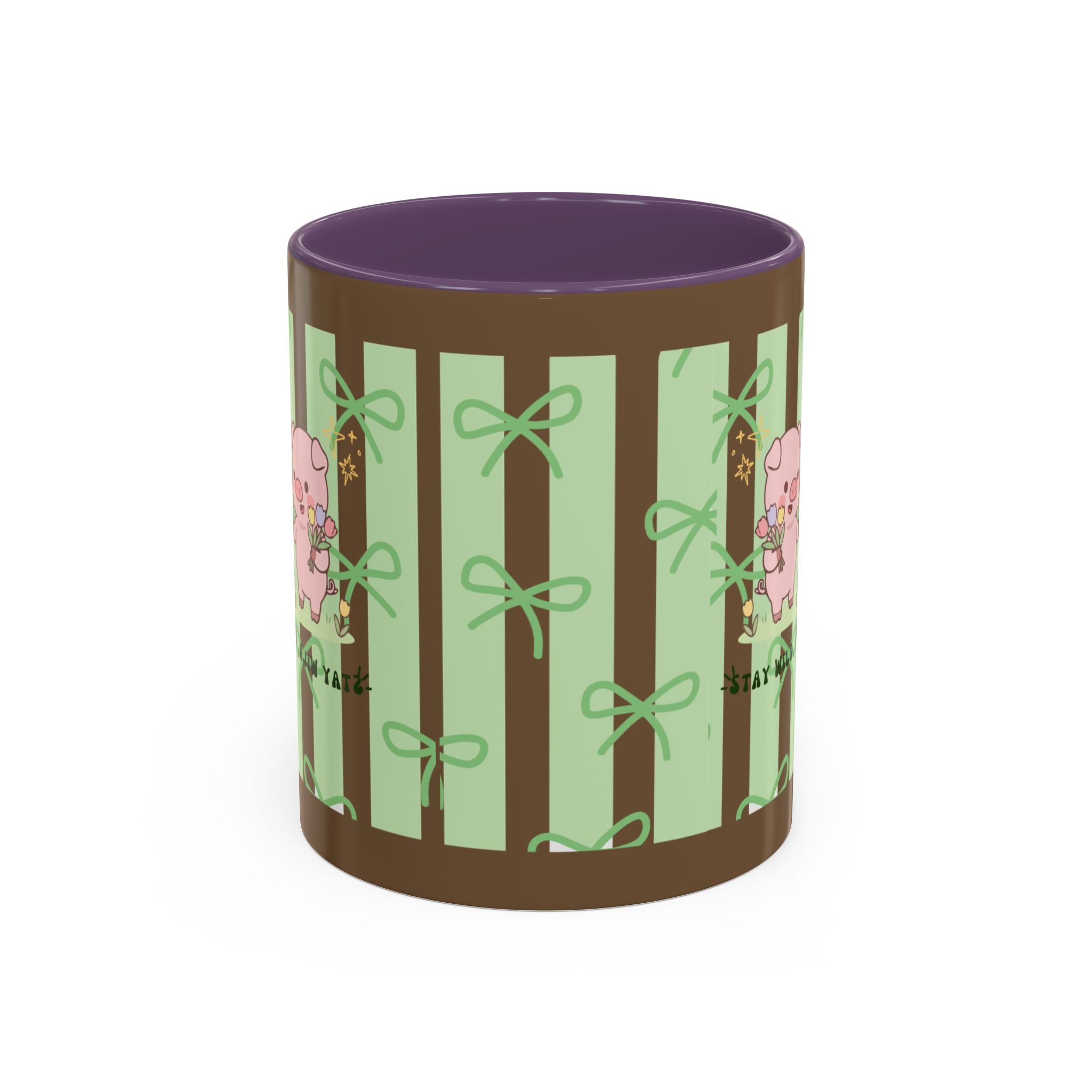 Cute Pig & Chick Accent Coffee Mug — Pastel Stripes, Charming Kawaii Tea/Coffee Cup