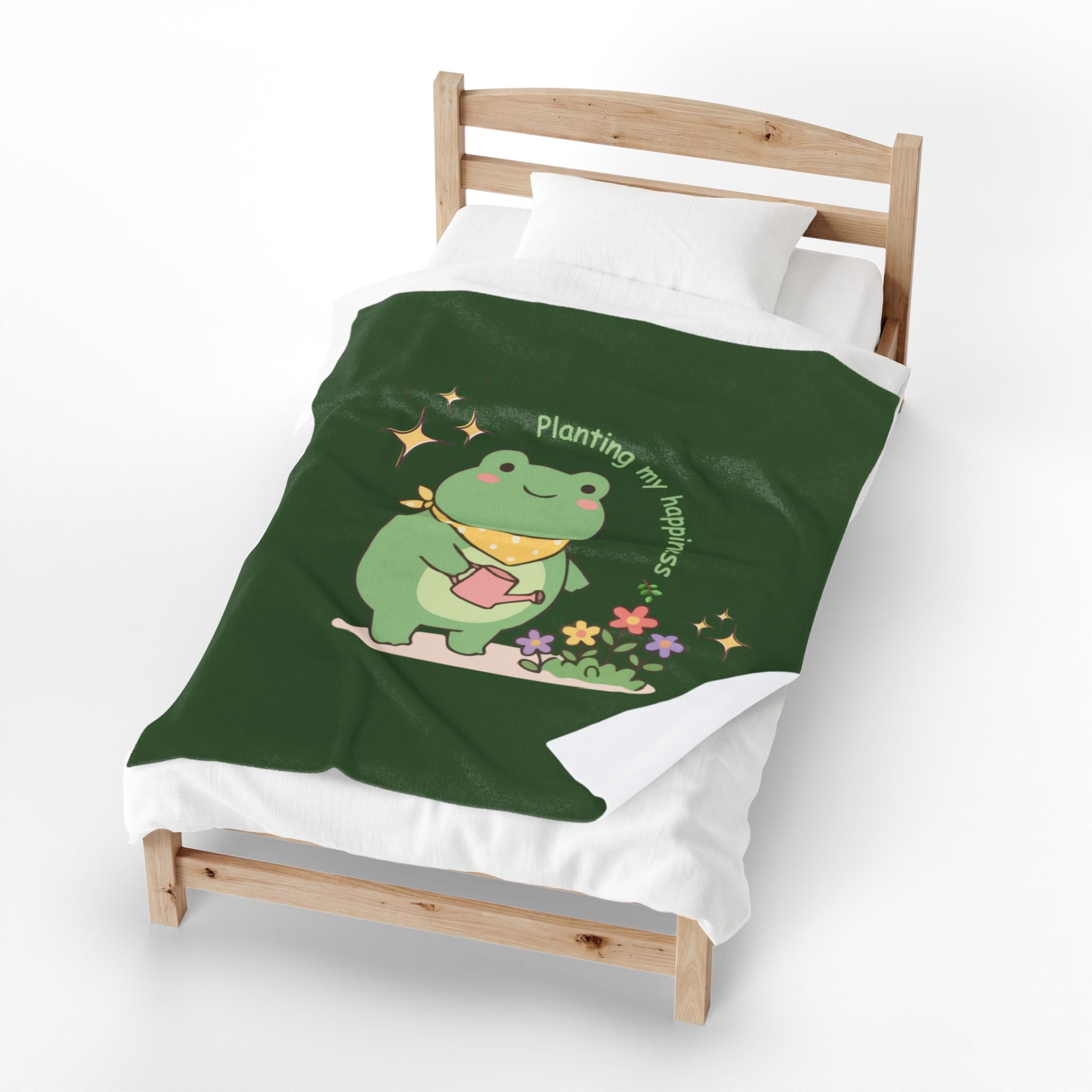 Cute Frog 'Planting My Happiness' Velveteen Plush Blanket