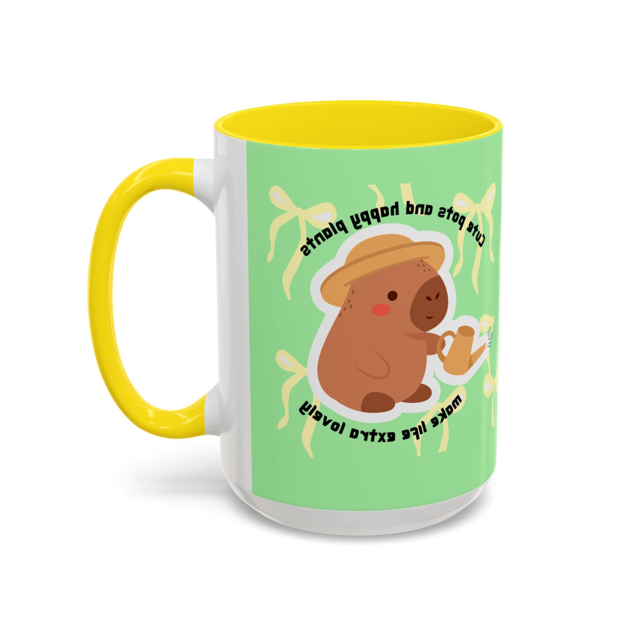 Accent Coffee Mug - Cute Bear Watering Plants ‘Cute Pots and Happy Plants Make Life Extra Lovely’