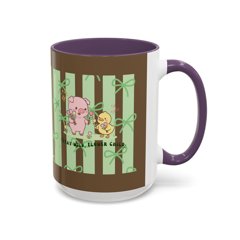Cute Pig & Chick Accent Coffee Mug — Pastel Stripes, Charming Kawaii Tea/Coffee Cup