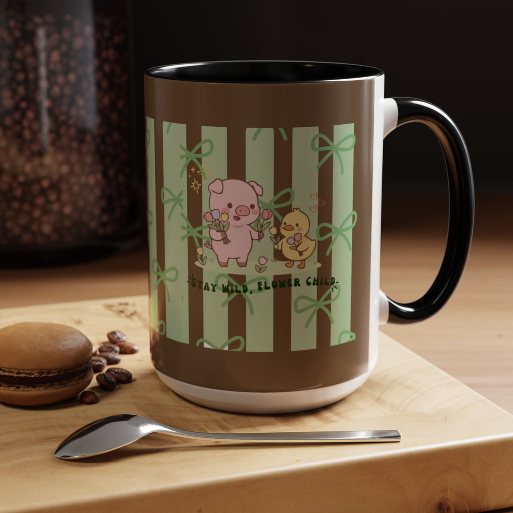 Cute Pig & Chick Accent Coffee Mug — Pastel Stripes, Charming Kawaii Tea/Coffee Cup
