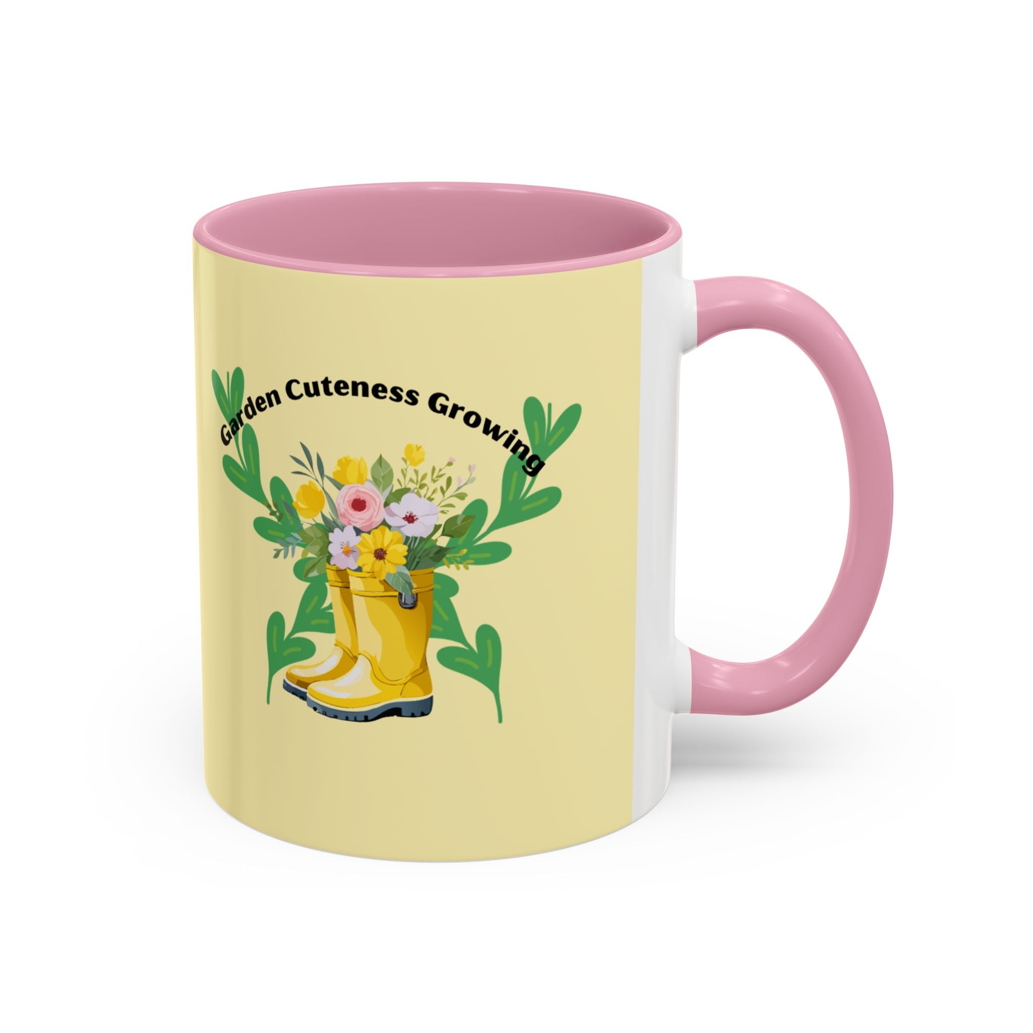 Yellow Rain Boot Floral Mug — “Garden Cuteness Growing” Coffee Cup (11oz/15oz)