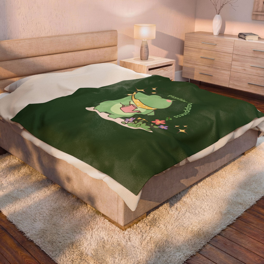 Cute Frog 'Planting My Happiness' Velveteen Plush Blanket