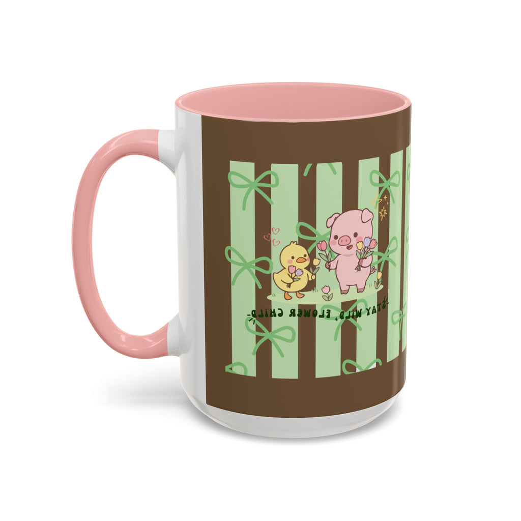 Cute Pig & Chick Accent Coffee Mug — Pastel Stripes, Charming Kawaii Tea/Coffee Cup