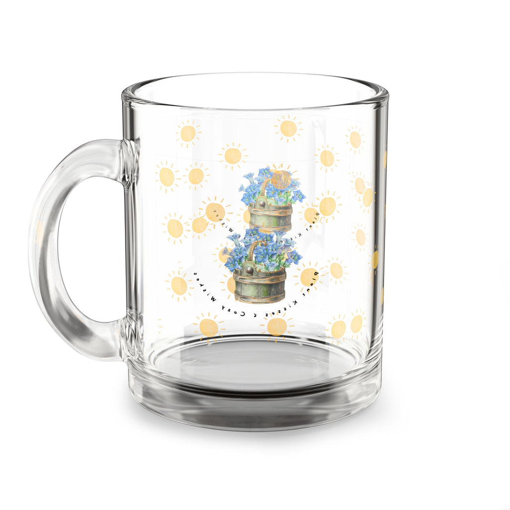 10oz Glass Mug — Sunny Dots with Blue Hydrangea Floral Accent