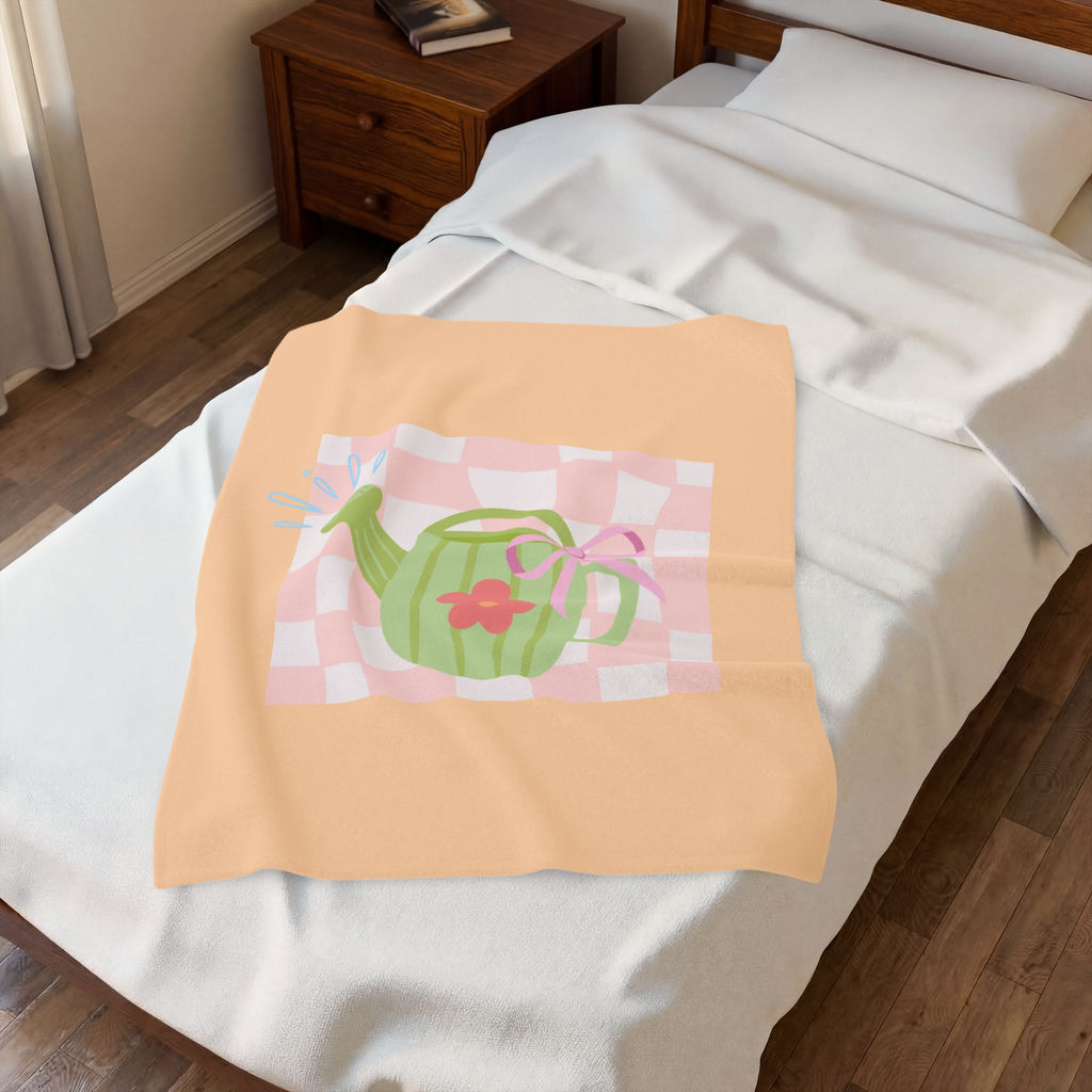 Watering Can Velveteen Plush Blanket — Soft Pastel Garden Throw