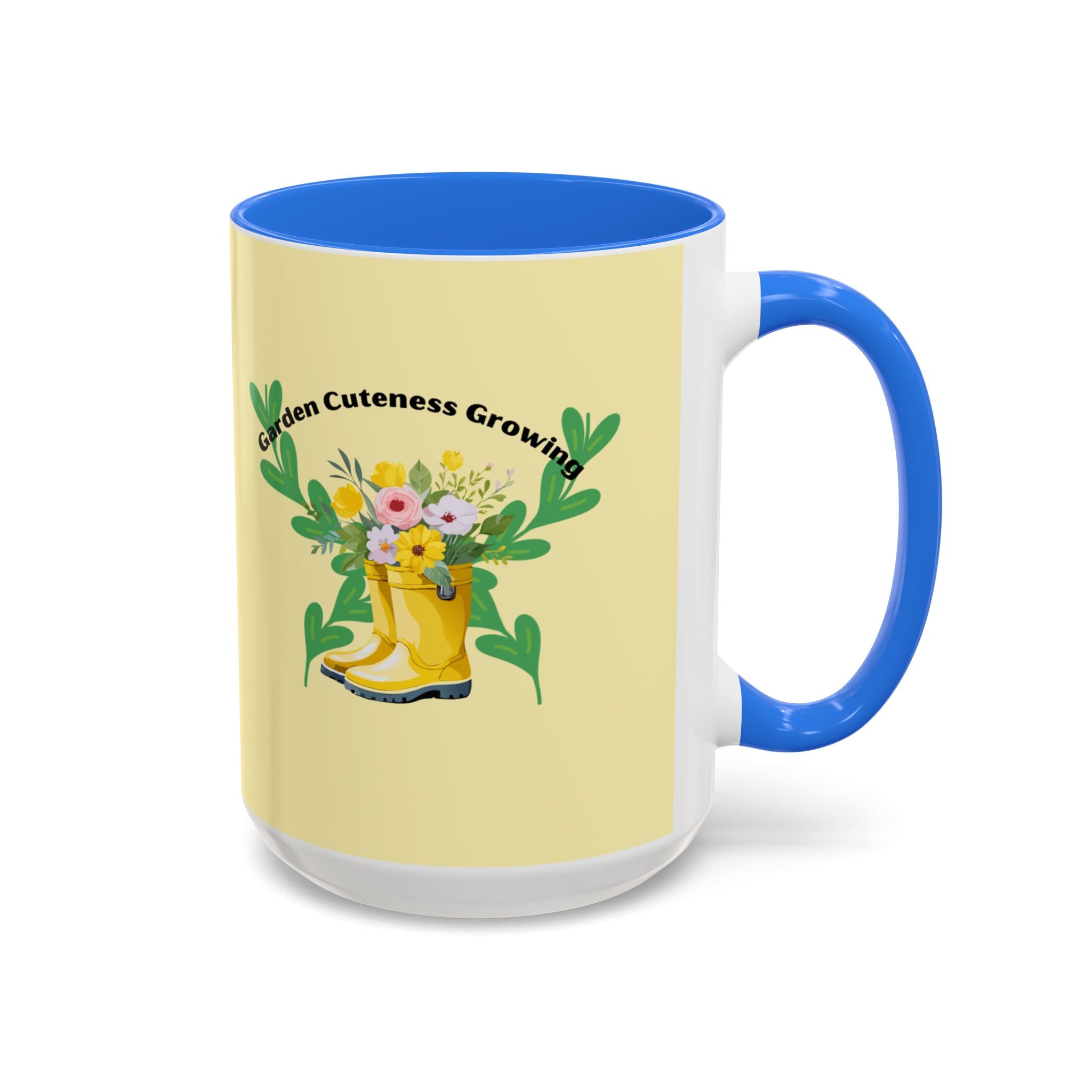 Yellow Rain Boot Floral Mug — “Garden Cuteness Growing” Coffee Cup (11oz/15oz)