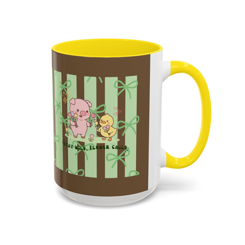 Cute Pig & Chick Accent Coffee Mug — Pastel Stripes, Charming Kawaii Tea/Coffee Cup