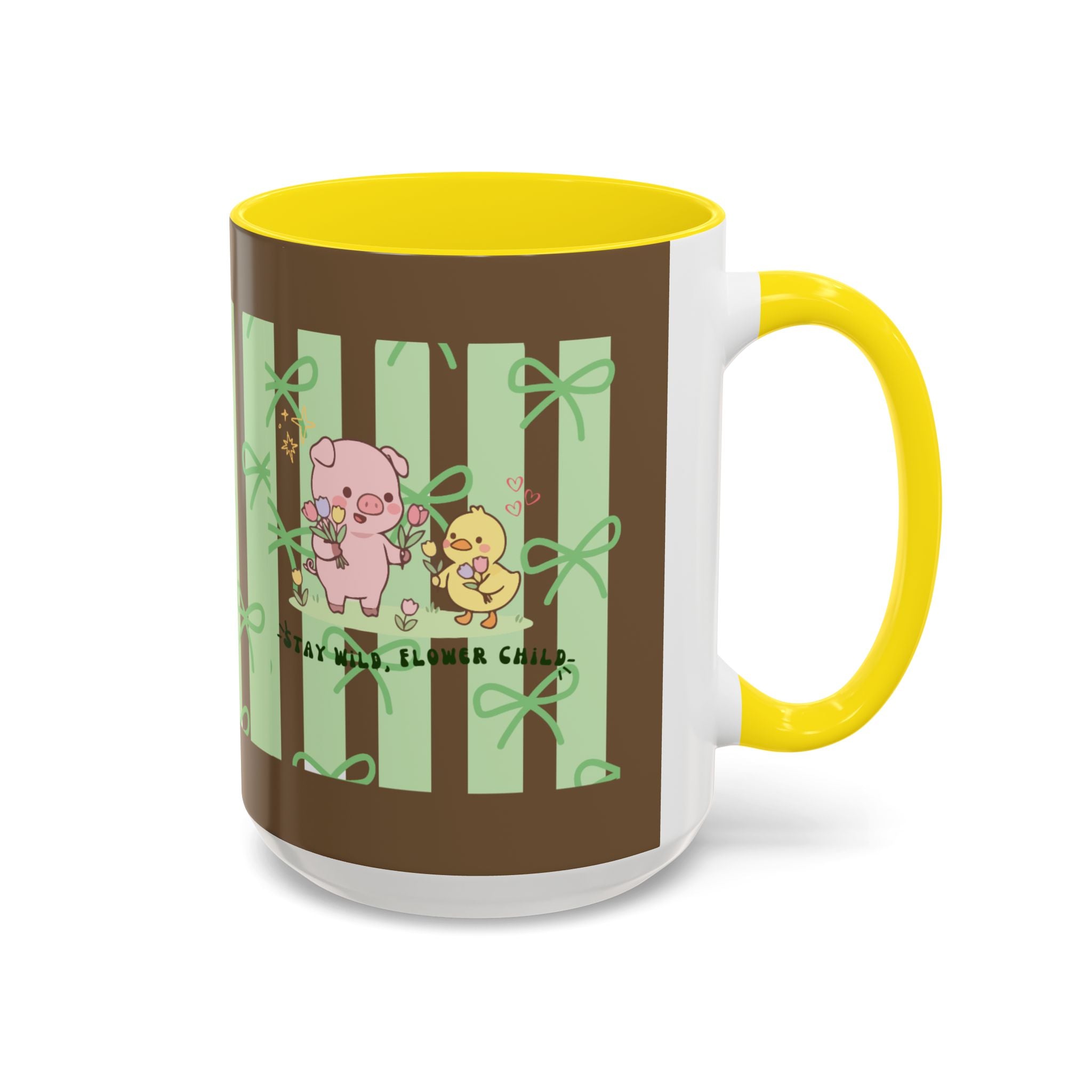 Cute Pig & Chick Accent Coffee Mug — Pastel Stripes, Charming Kawaii Tea/Coffee Cup