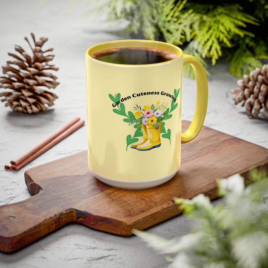Yellow Rain Boot Floral Mug — “Garden Cuteness Growing” Coffee Cup (11oz/15oz)