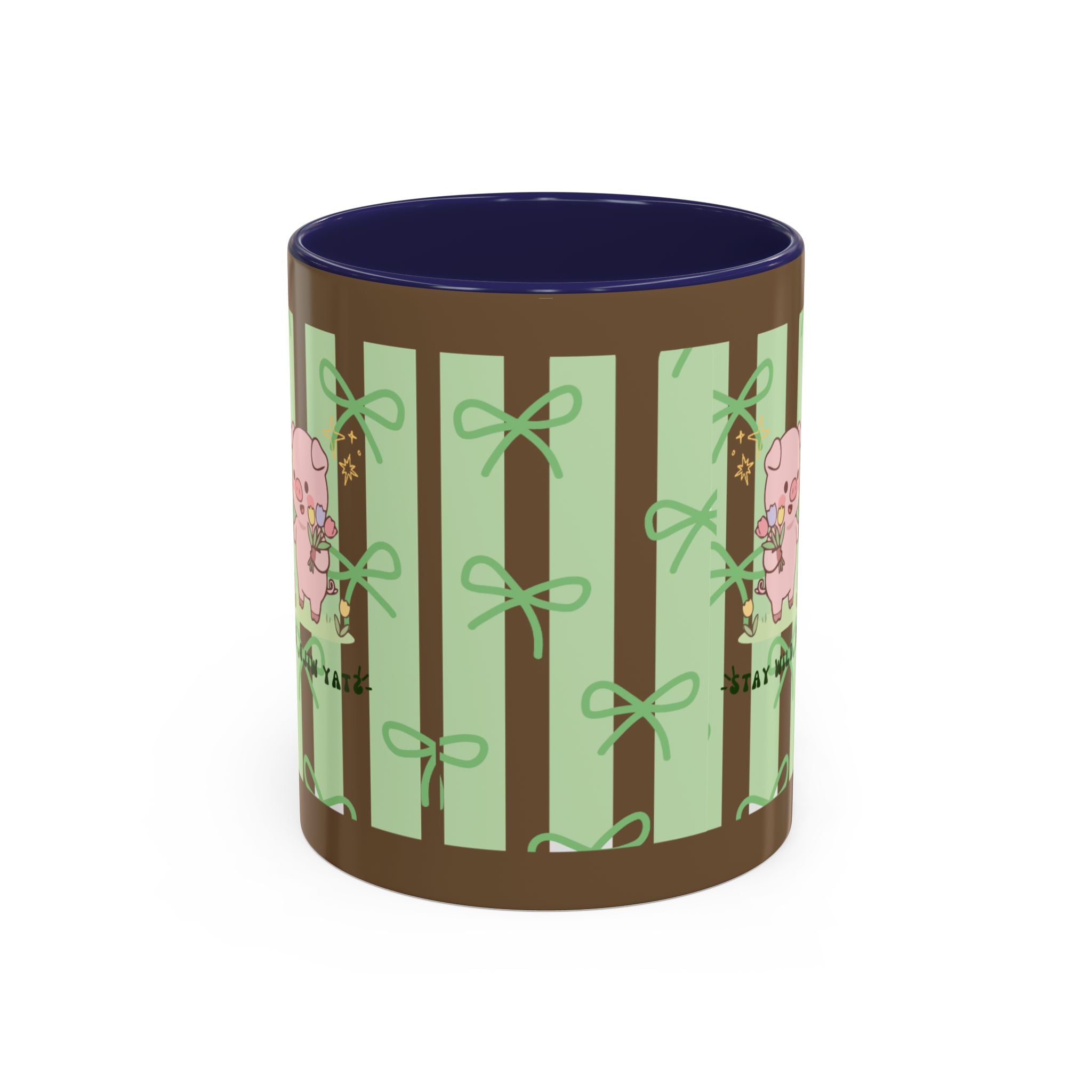 Cute Pig & Chick Accent Coffee Mug — Pastel Stripes, Charming Kawaii Tea/Coffee Cup