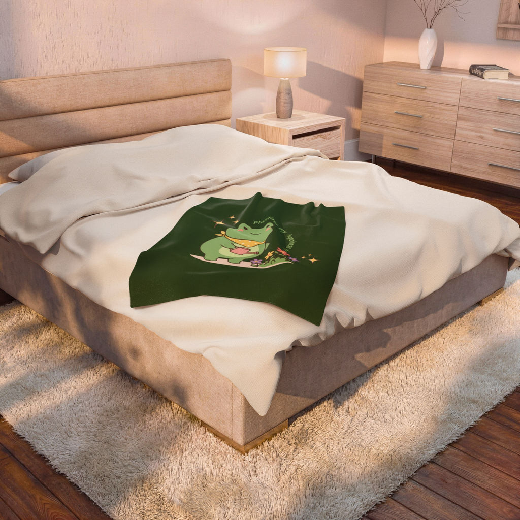 Cute Frog 'Planting My Happiness' Velveteen Plush Blanket